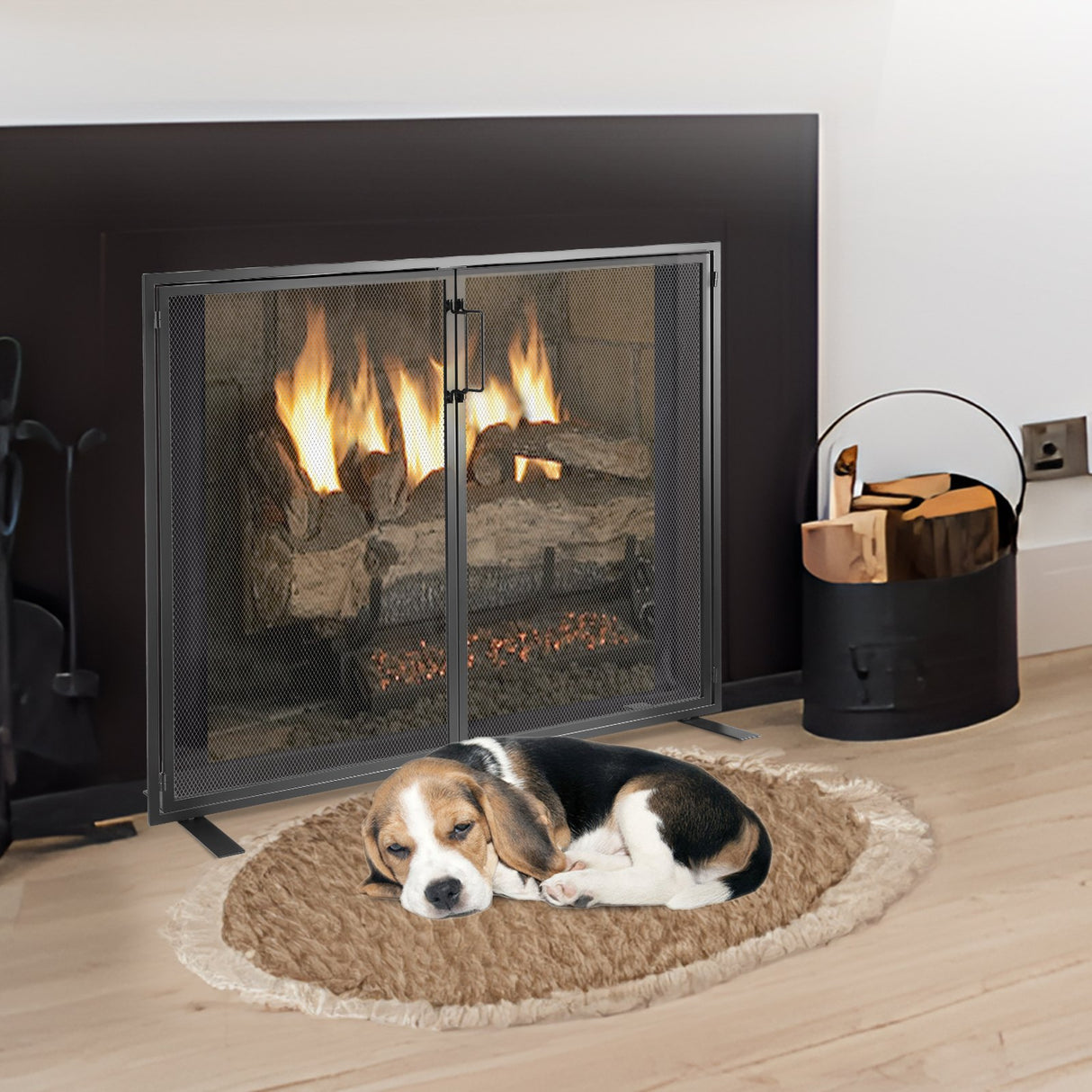 Fireplace Screen 1 Panel with Door, Sturdy Iron Mesh Fireplace Screen, 990(L) x780(H)MM Spark Guard Cover, Simple Installation, Free Standing Fire Fence Grate for Living Room Home Decor Modern