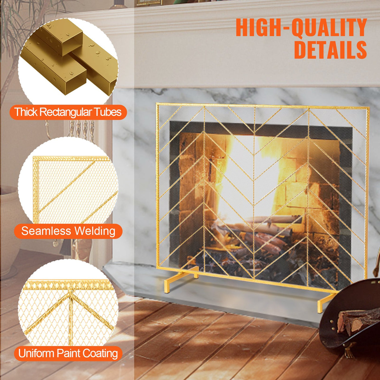 VEVOR 980x758MM Fireplace Screen 1-Panel Iron Mesh Spark Guard Modern Gold