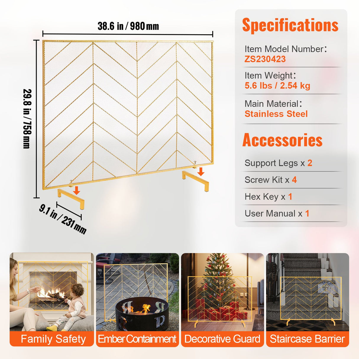 980x758MM Fireplace Screen 1-Panel Iron Mesh Spark Guard Modern Gold