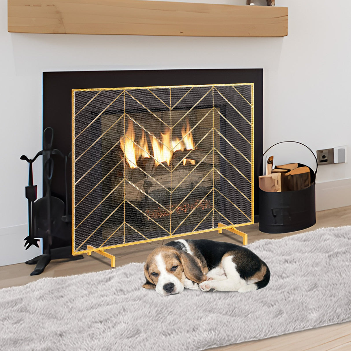 980x758MM Fireplace Screen 1-Panel Iron Mesh Spark Guard Modern Gold