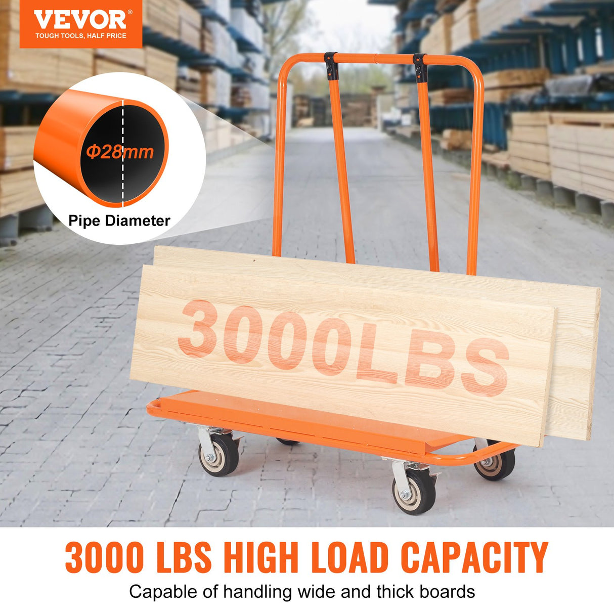 VEVOR Drywall Cart, 3000 LBS Panel Dolly Cart with 45.28" x 21.8" Deck and 5" Swivel Wheels, Heavy-Duty Drywall Sheet Cart, Handling Wall Panel,