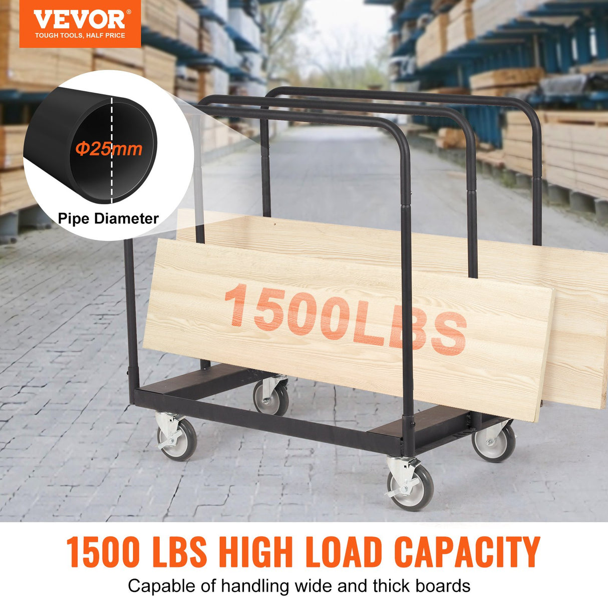 VEVOR Drywall Cart, 1500 LBS Panel Dolly Cart with 36.02" x 24.02" Deck and 5" Swivel Wheels, Heavy-Duty Drywall Sheet Cart, Handling Wall Panel,