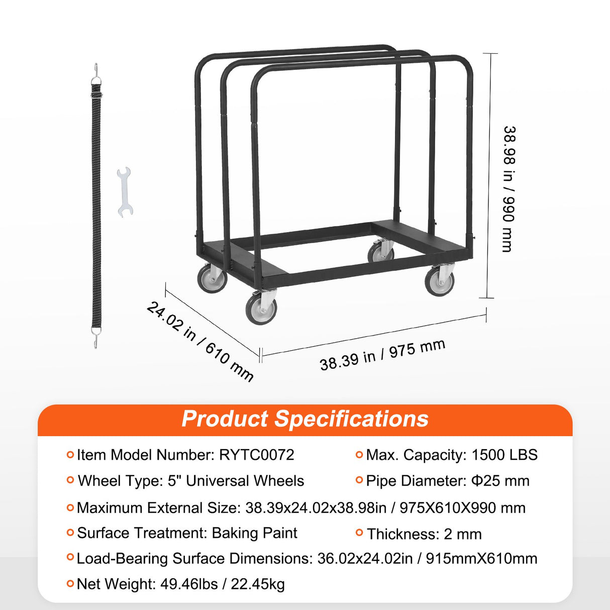 VEVOR Drywall Cart, 1500 LBS Panel Dolly Cart with 36.02" x 24.02" Deck and 5" Swivel Wheels, Heavy-Duty Drywall Sheet Cart, Handling Wall Panel,