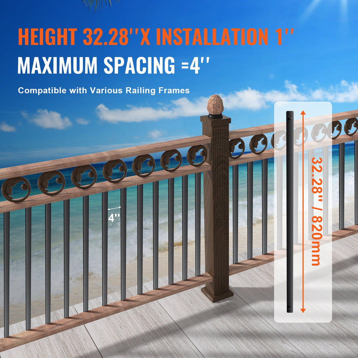 VEVOR Staircase Metal Balusters, 32.28"x1"x0.2" Flat Aluminum Alloy Decorative Banister Spindles, 51 Pack Deck Baluster with Screws, Classic Hollow