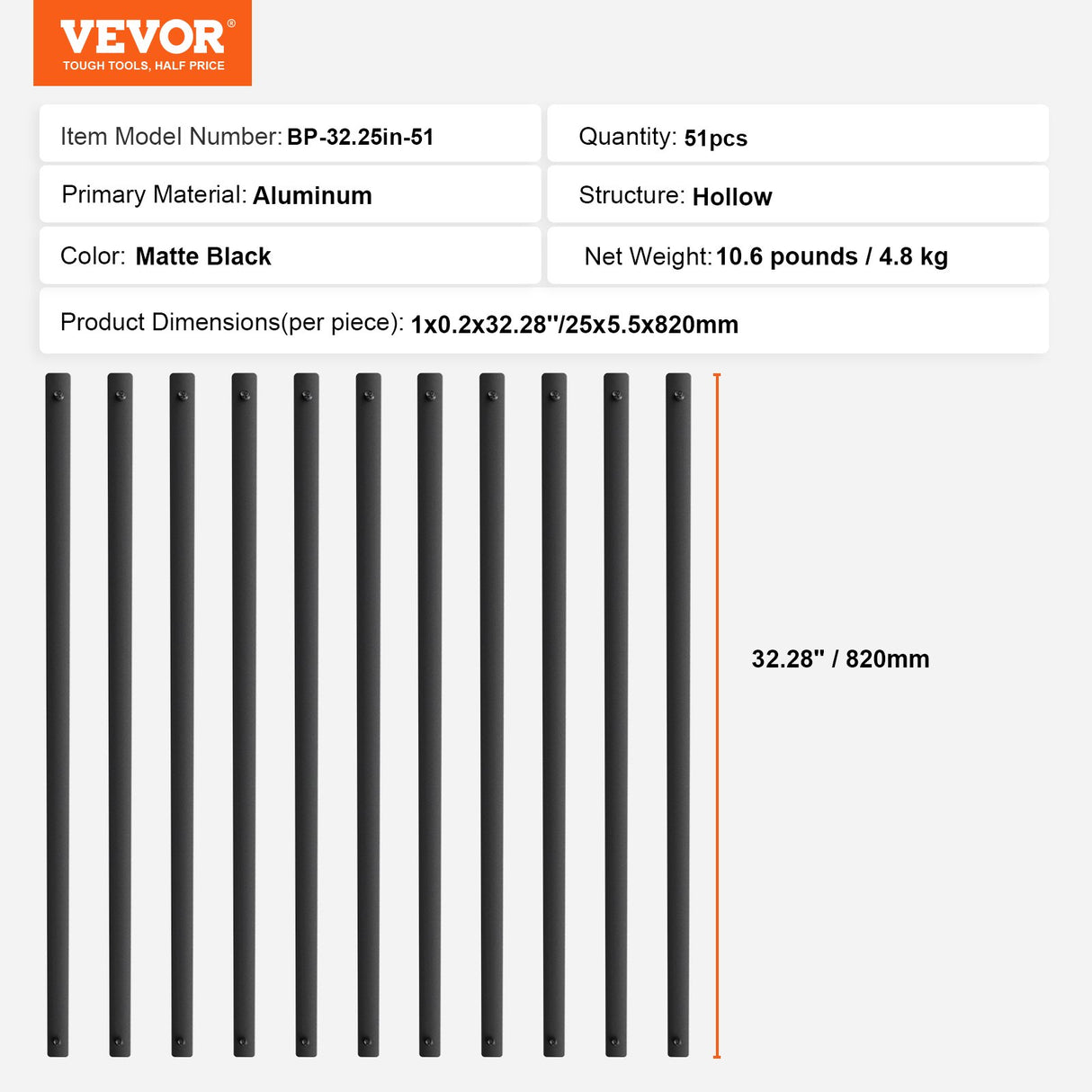 VEVOR Staircase Metal Balusters, 32.28"x1"x0.2" Flat Aluminum Alloy Decorative Banister Spindles, 51 Pack Deck Baluster with Screws, Classic Hollow