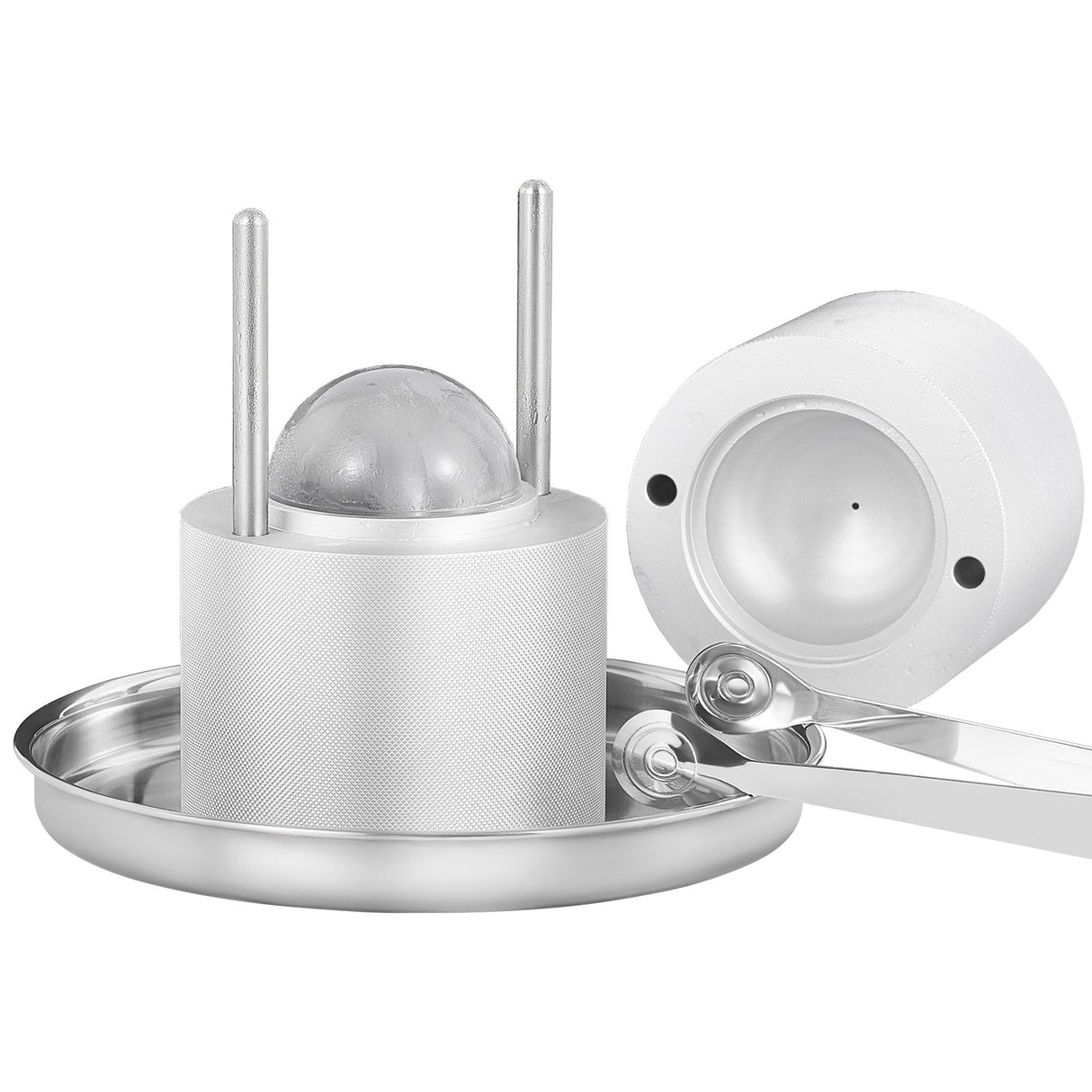 Ice Ball Press Kit, Aircraft Al Alloy Ice Press with Ice Block Mold, Large Mat, Tong, Drip Tray, One Glass, Round Ice Ball Maker 2.4"/60 mm Ice Sphere, for Whiskey, Cocktail on Party & Holiday