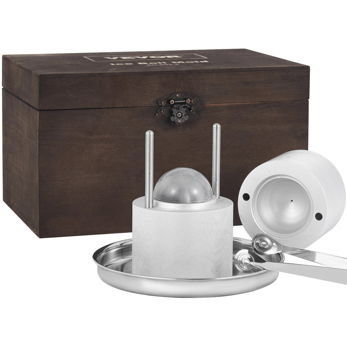 Ice Ball Press Kit, Aircraft Al Alloy Ice Press with Ice Block Mold, Large Mat, Tong, Drip Tray, One Glass, Round Ice Ball Maker 2.4"/60 mm Ice Sphere, for Whiskey, Cocktail on Party & Holiday