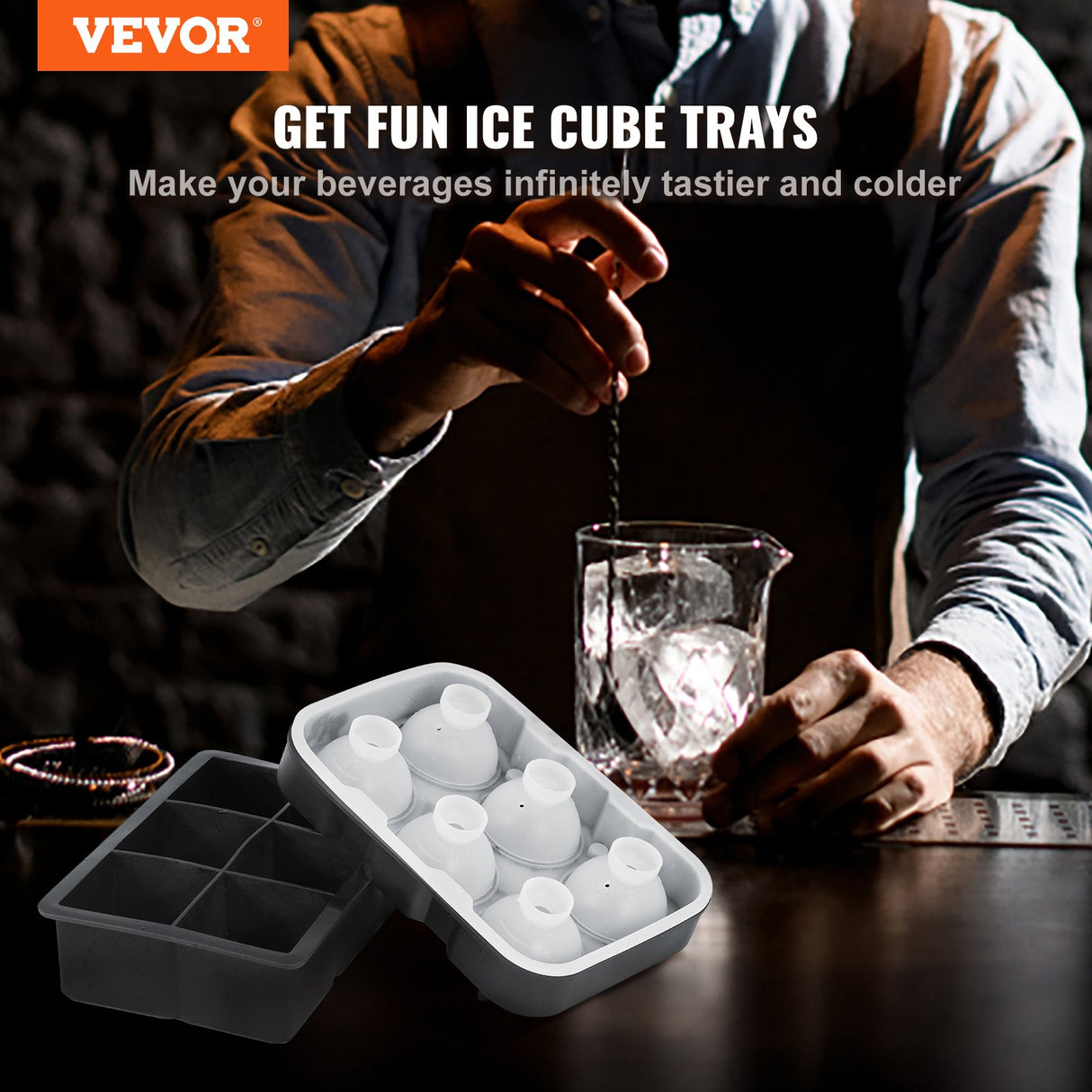 VEVOR Ice Cube Trays (Set of 2), 2-in-1 Combo with Silicone Sphere Ice Ball Maker & Large Square Ice Cube Maker with Lid, Reusable Easy Release BPA