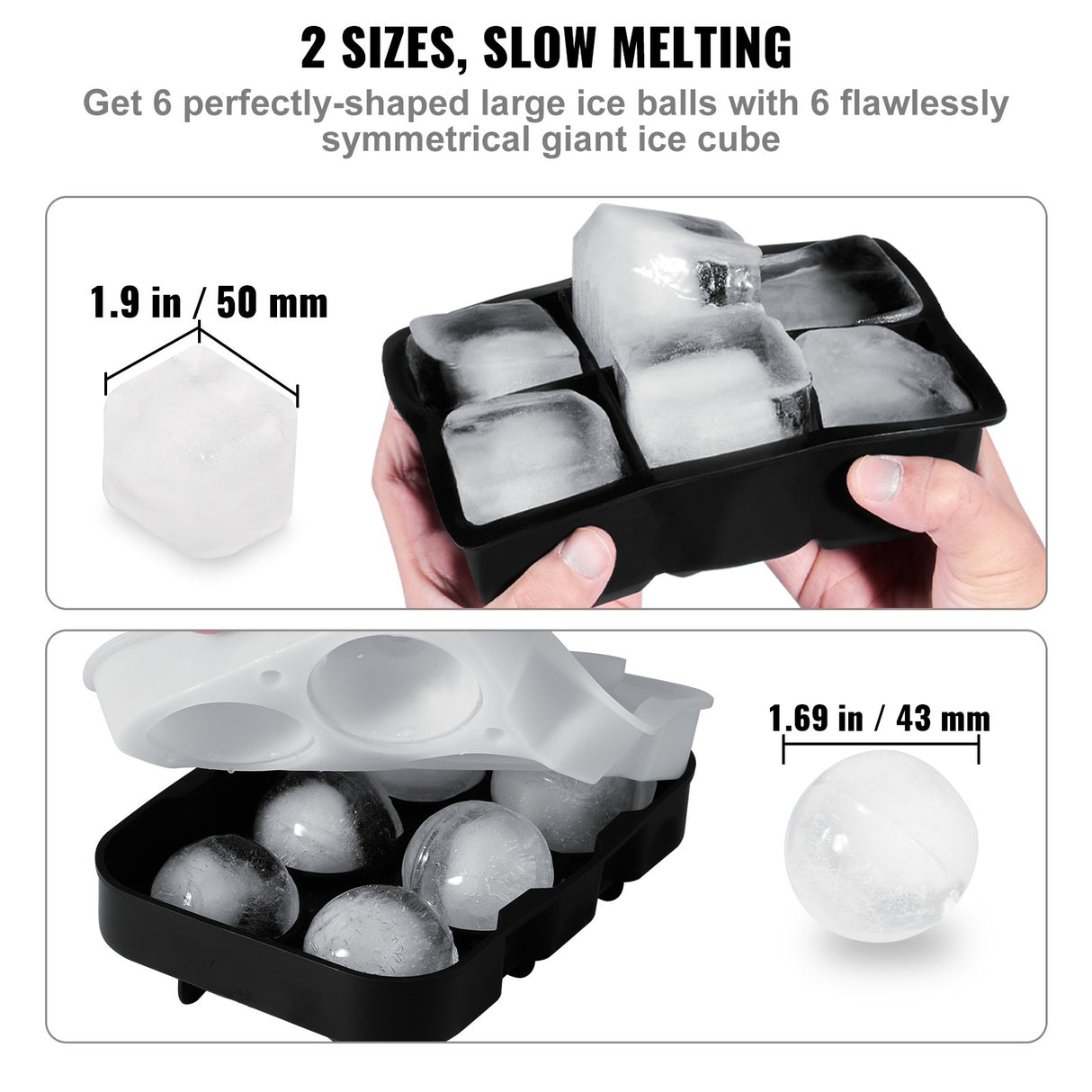 VEVOR Ice Cube Trays (Set of 2), 2-in-1 Combo with Silicone Sphere Ice Ball Maker & Large Square Ice Cube Maker with Lid, Reusable Easy Release BPA