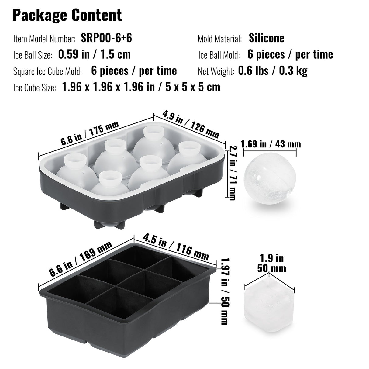 VEVOR Ice Cube Trays (Set of 2), 2-in-1 Combo with Silicone Sphere Ice Ball Maker & Large Square Ice Cube Maker with Lid, Reusable Easy Release BPA