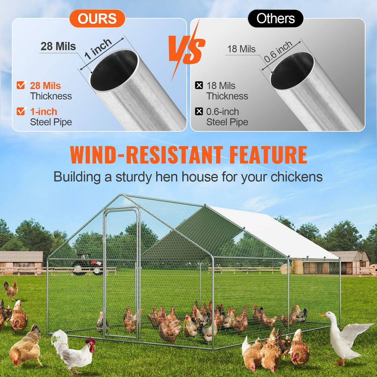 VEVOR Large Metal Chicken Coop, 3x3.93x1.99 m Walk-in Chicken Runs for Yard with Cover, Spire Roof Hen House with Security Lock for Outdoor and