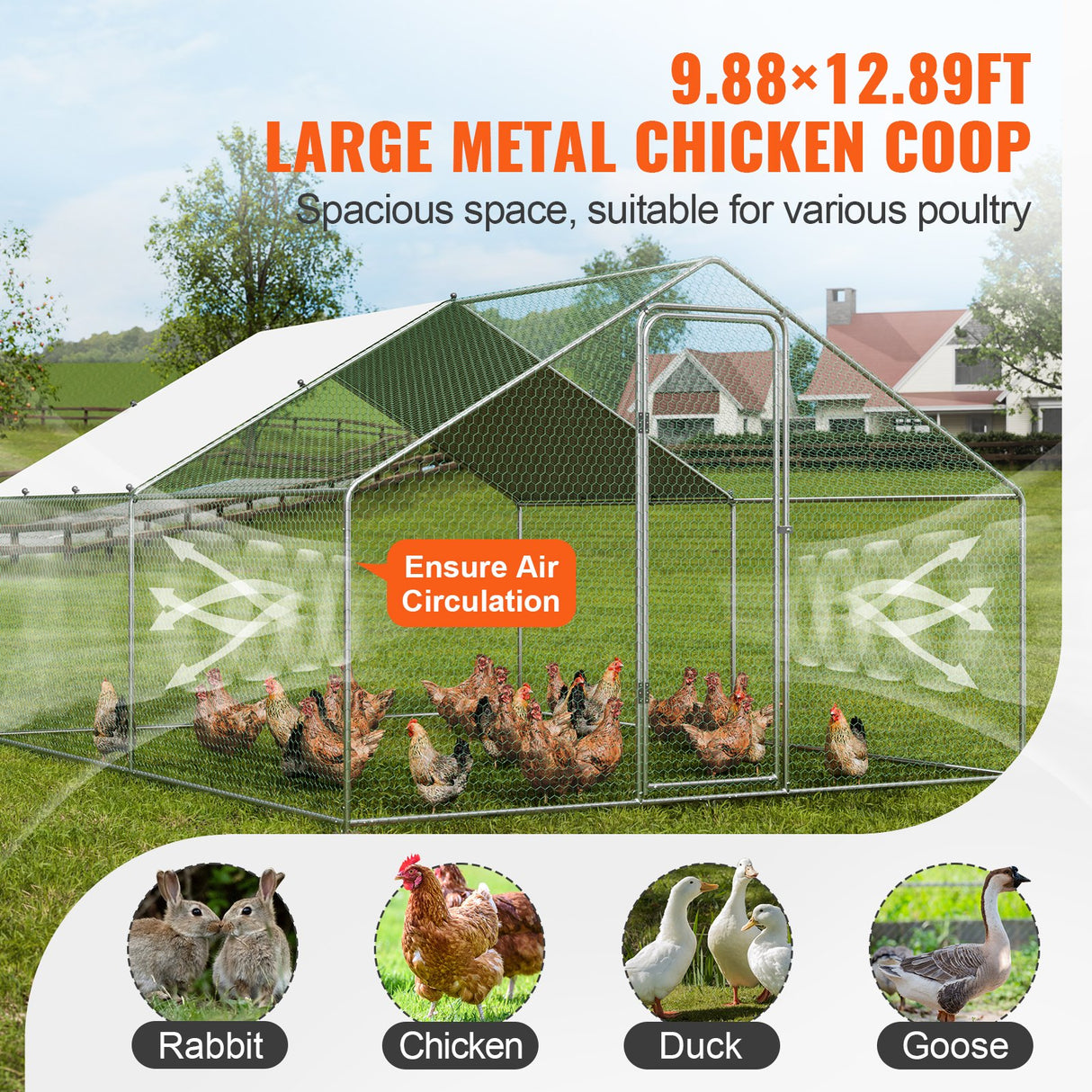 VEVOR Large Metal Chicken Coop, 3x3.93x1.99 m Walk-in Chicken Runs for Yard with Cover, Spire Roof Hen House with Security Lock for Outdoor and