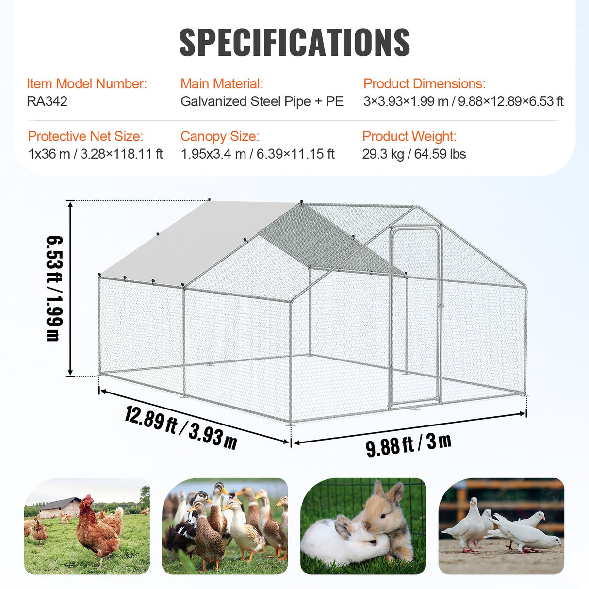 VEVOR Large Metal Chicken Coop, 3x3.93x1.99 m Walk-in Chicken Runs for Yard with Cover, Spire Roof Hen House with Security Lock for Outdoor and
