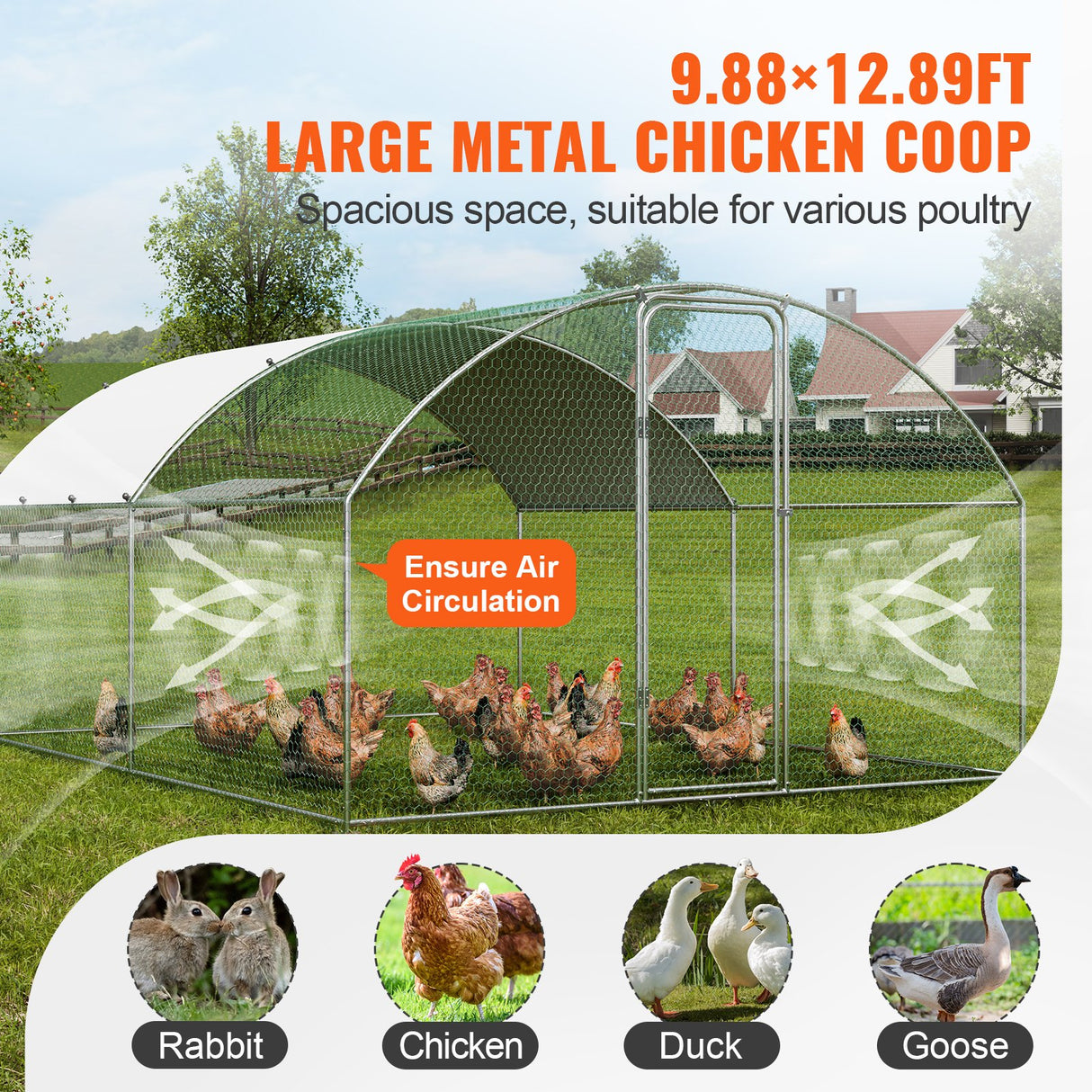 VEVOR Large Metal Chicken Coop, 9.8x12.9x6.5 ft Walk in Chicken Run for Yard with Waterproof Cover, Doom Roof Hen House with Security Lock for Outdoor