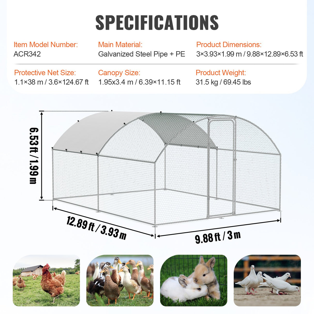 VEVOR Large Metal Chicken Coop, 9.8x12.9x6.5 ft Walk in Chicken Run for Yard with Waterproof Cover, Doom Roof Hen House with Security Lock for Outdoor