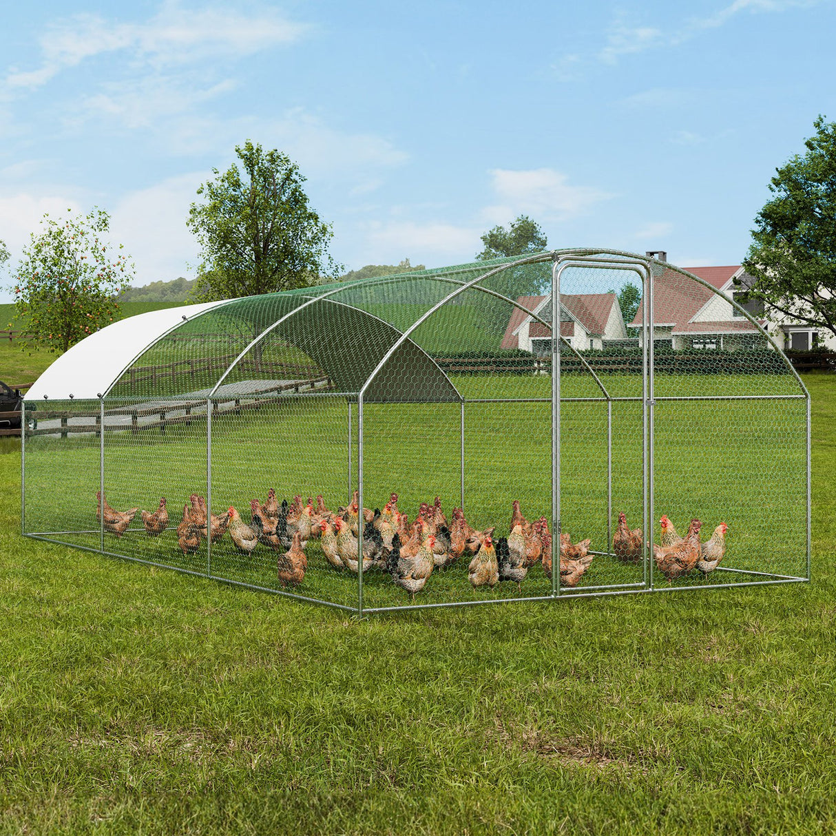 VEVOR Large Metal Chicken Coop with Run, 9.8x19.3x6.5 ft Walk-in Chicken Runs for Yard with Cover, Doom Roof Hen House with Security Lock for Outdoor