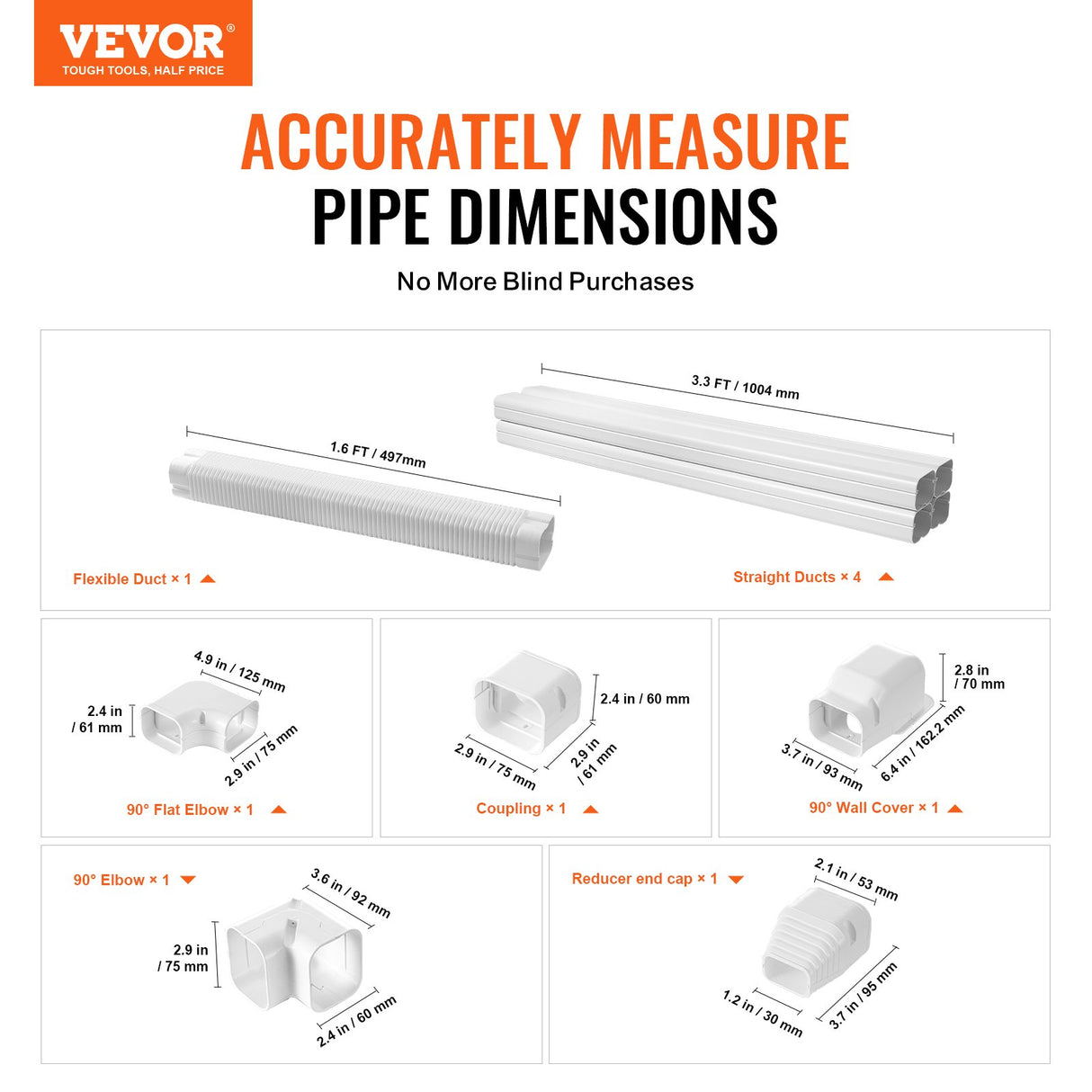 VEVOR Mini Split Line Set Cover 76.2mm W 4830mm L, PVC Decorative Pipe Line Cover For Air Conditioner with 4 Straight Ducts & Full Components Easy to