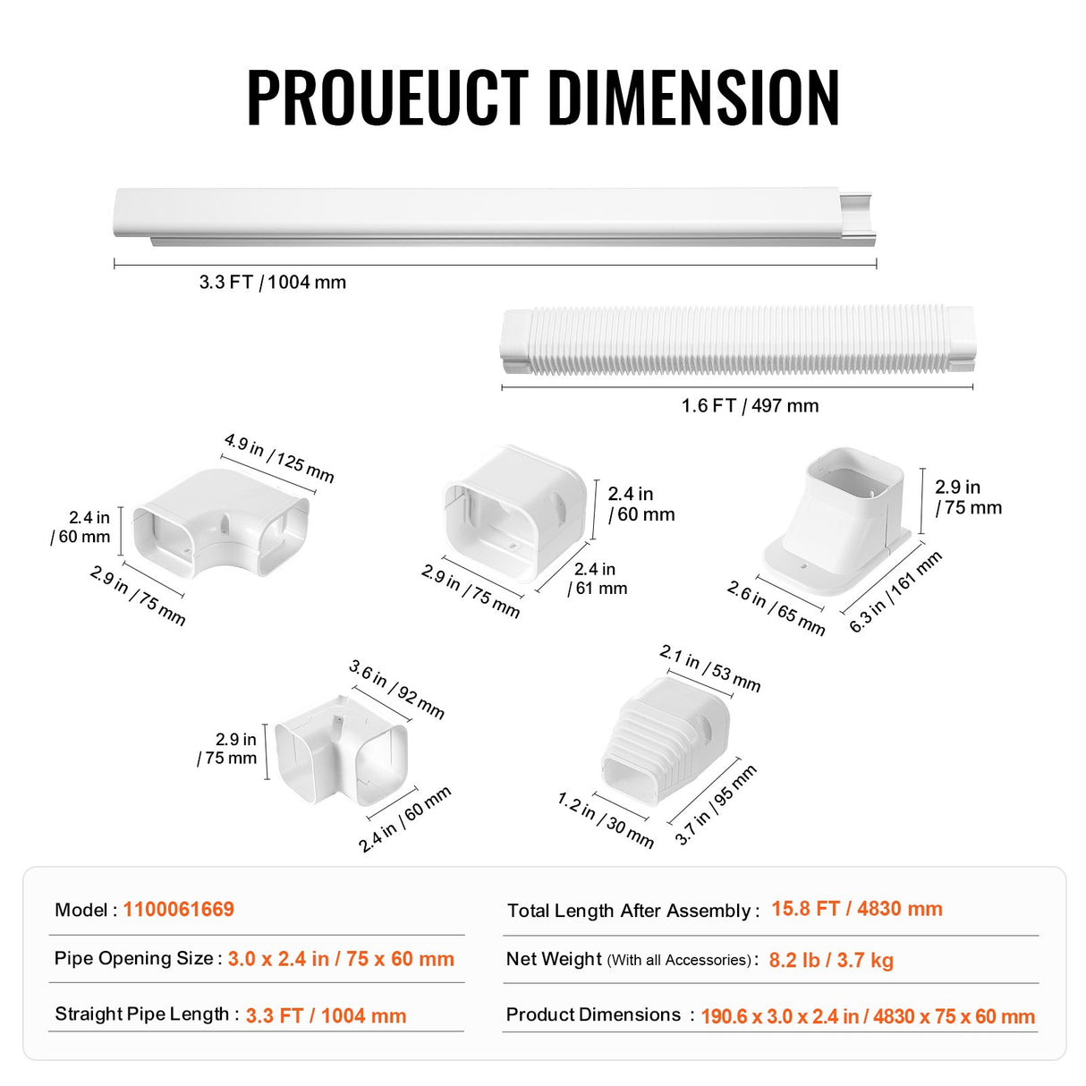 VEVOR Mini Split Line Set Cover 76.2mm W 4830mm L, PVC Decorative Pipe Line Cover For Air Conditioner with 4 Straight Ducts & Full Components Easy to