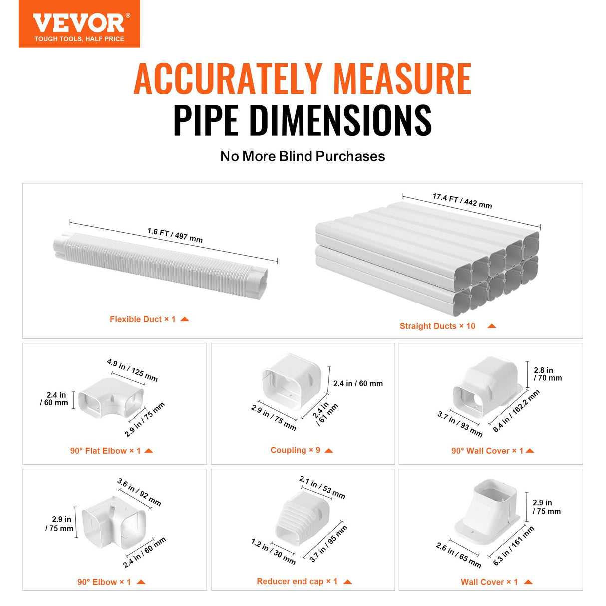 VEVOR Mini Split Line Set Cover 76.2mm W 5400mm L, PVC Decorative Pipe Line Cover For Air Conditioner with 10 Straight Ducts & Full Components Easy to