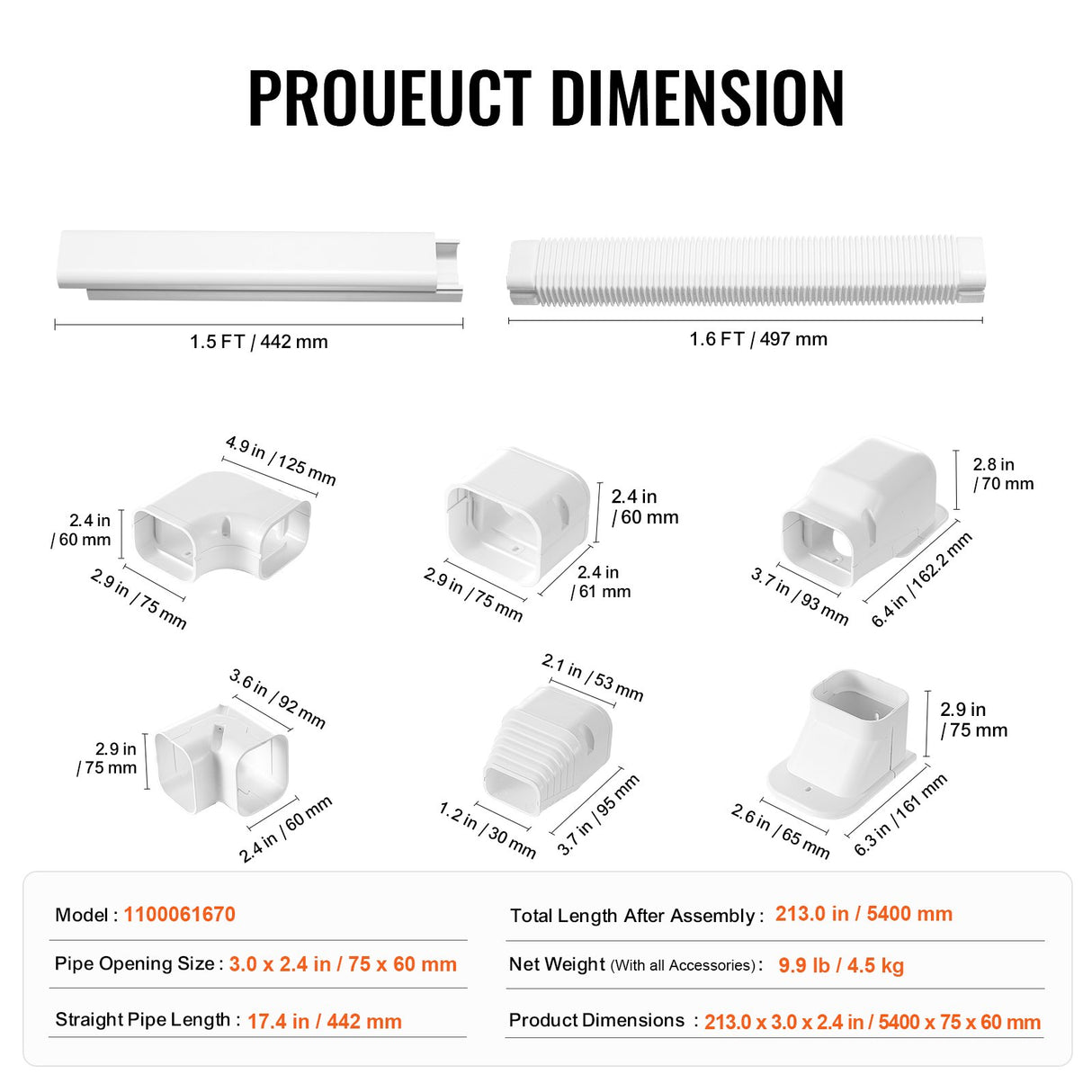 VEVOR Mini Split Line Set Cover 76.2mm W 5400mm L, PVC Decorative Pipe Line Cover For Air Conditioner with 10 Straight Ducts & Full Components Easy to