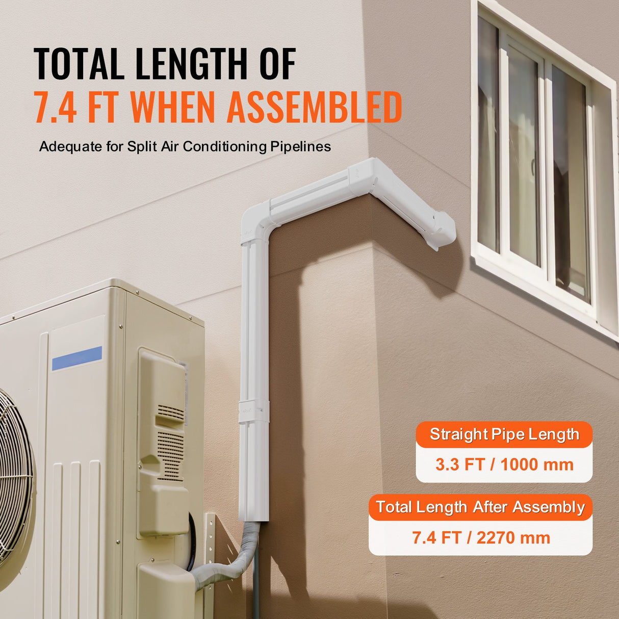VEVOR Mini Split Line Set Cover 76.2mm W 2270mm L, PVC Decorative Pipe Line Cover For Air Conditioner with 2 Straight Ducts & Full Components Easy to