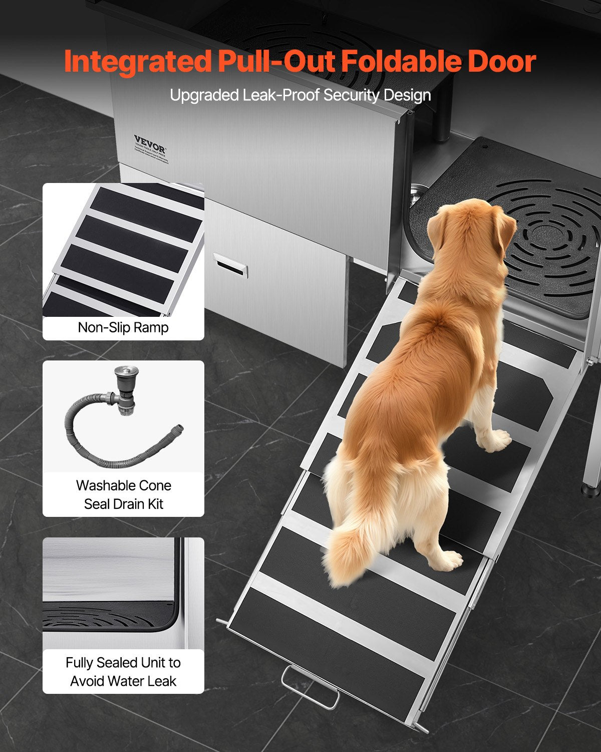 VEVOR 155 cm Dog Grooming Bath Tub Stainless Steel w Ramp Water Filter