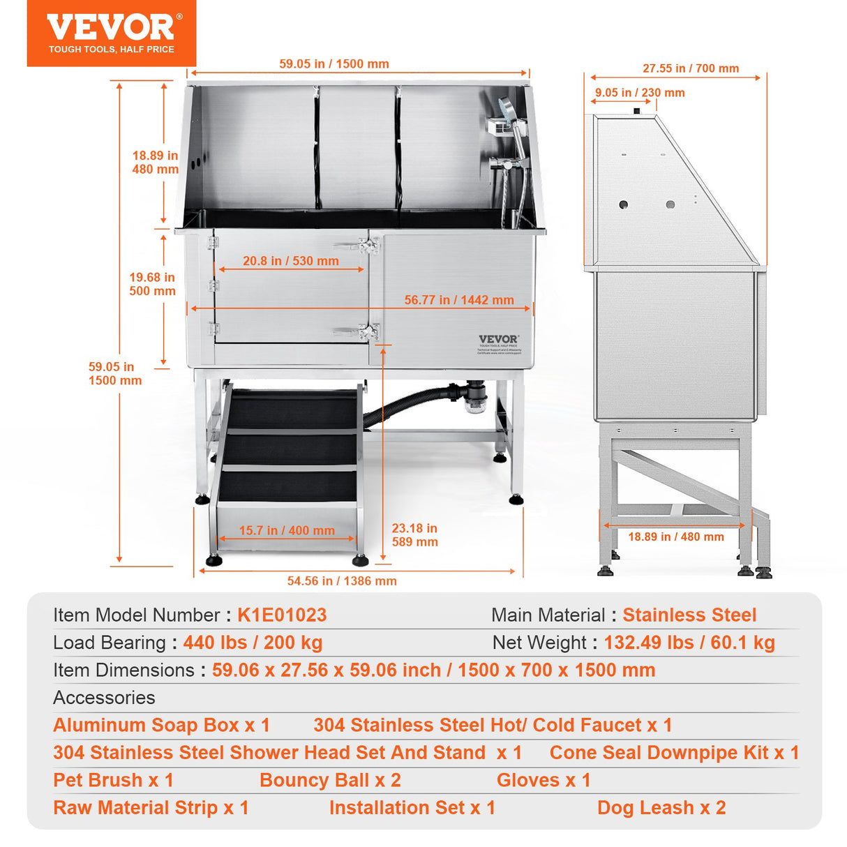 VEVOR 1.57M Pet Dog Bathing Station w/Ramp, Professional Stainless Steel Dog Grooming Tub w/ Soap Box, Faucet,Rich Accessory,Bathtub for Large,Medium,