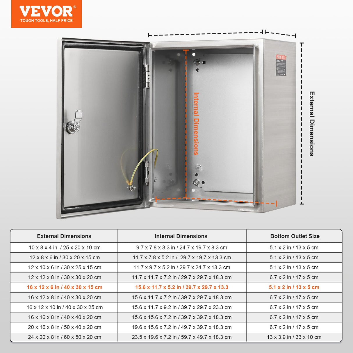VEVOR Steel Electrical Box, 40x30x15 cm, 304 Stainless Steel Electrical Enclosure Box, Wall-Mounted Outdoor Electrical Electronic Equipment Enclosure with Mounting Plate Hinges Lock, IP66 Waterproof