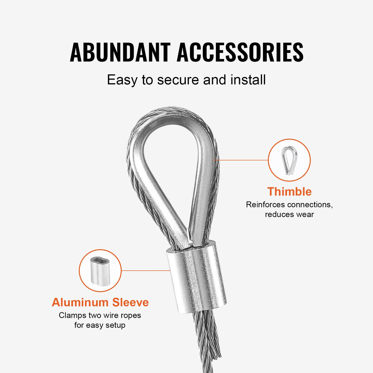 VEVOR Wire Rope Kit, 1.59 mm 100.6 m 304 Stainless Steel Cable with 80 Sleeves and 20 Thimbles, 2KN Breaking Strength, 7 x 7 Strands Marine Aircraft Grade for Handrail Stair Decking Fence Outdoors