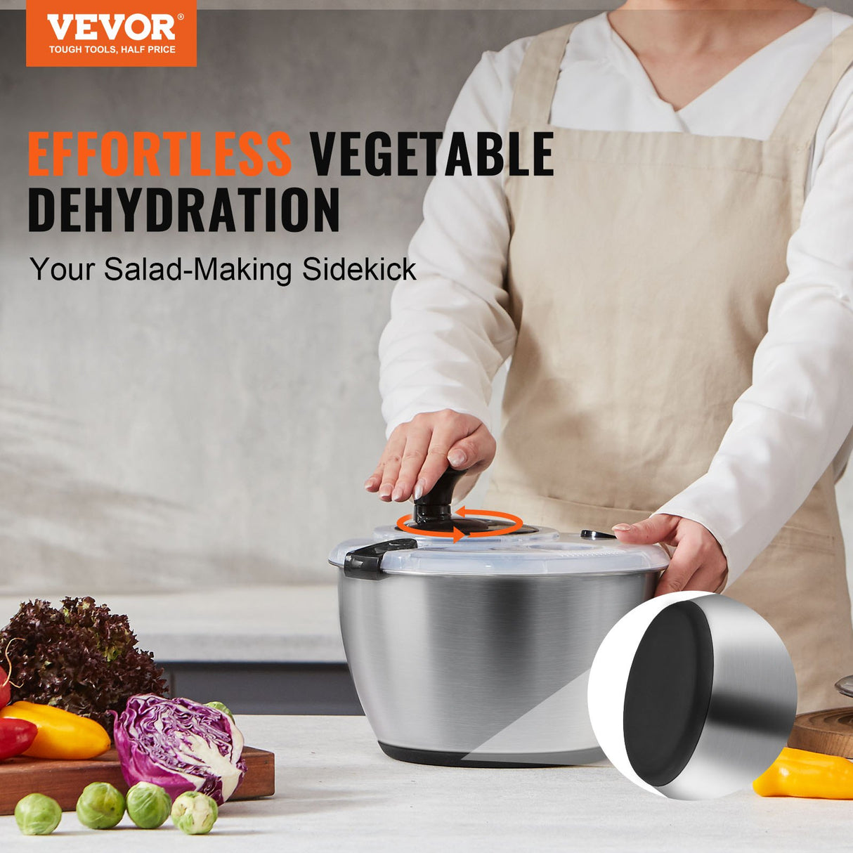 Stainless Steel Salad Spinner, 4.5L, One-handed Easy Press Large Vegetable Dryer Washer, Lettuce Cleaner and Dryer with 304 Stainless Steel Bowl, for Greens, Herbs, Berries, Fruits, No BPA