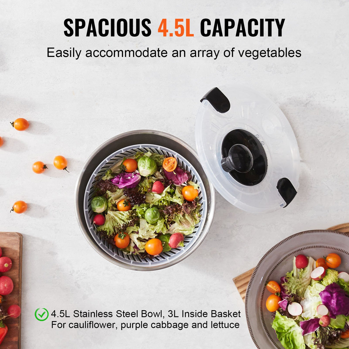 Stainless Steel Salad Spinner, 4.5L, One-handed Easy Press Large Vegetable Dryer Washer, Lettuce Cleaner and Dryer with 304 Stainless Steel Bowl, for Greens, Herbs, Berries, Fruits, No BPA