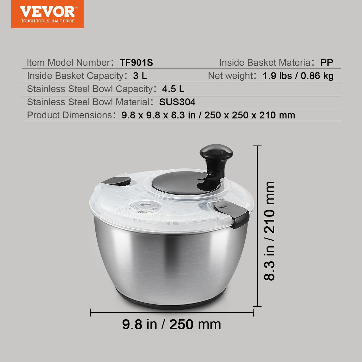 Stainless Steel Salad Spinner, 4.5L, One-handed Easy Press Large Vegetable Dryer Washer, Lettuce Cleaner and Dryer with 304 Stainless Steel Bowl, for Greens, Herbs, Berries, Fruits, No BPA