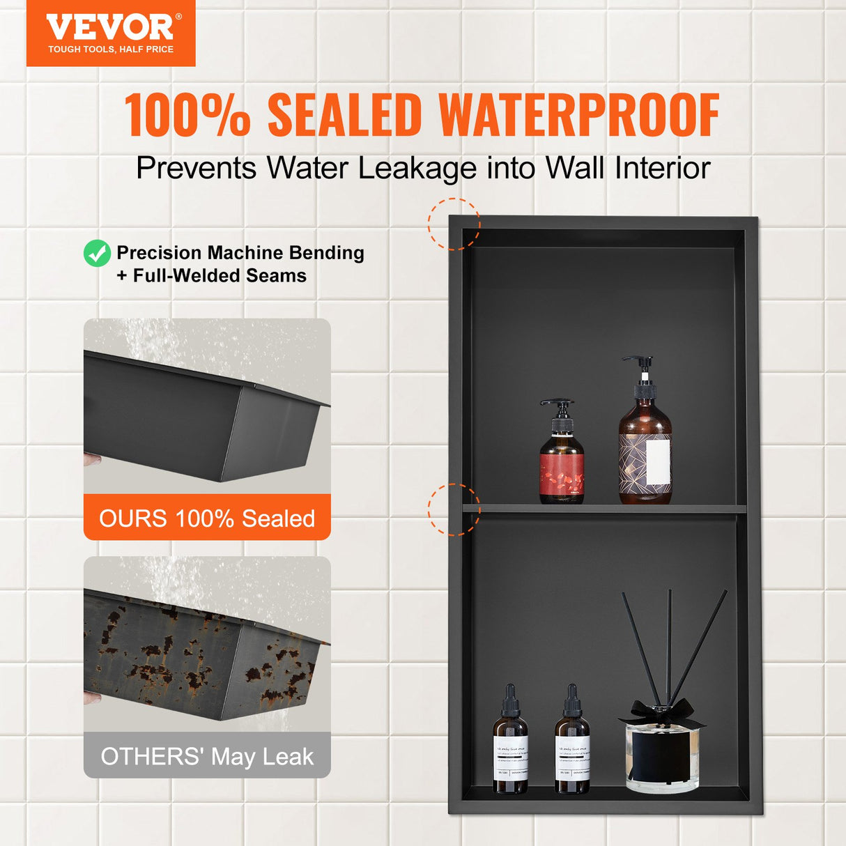 VEVOR 33.02 x 63.5 cm No Tile Shower Niche 304 Stainless Steel, Wall-Inserted Niche Recessed Double Shelves, Sealed Waterproof Rust-Resistant Modern Niche for Shower or Soap Storage Bathroom