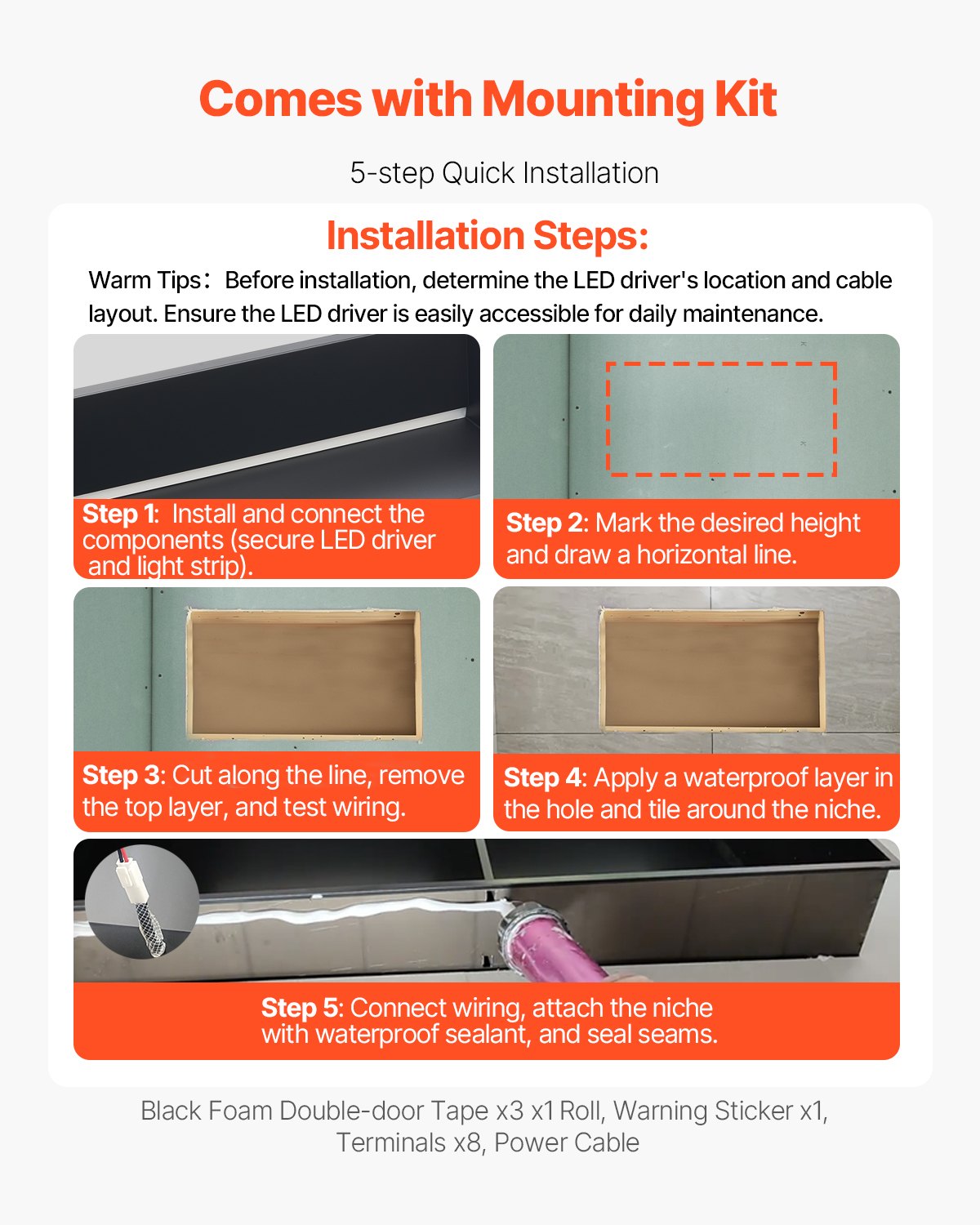 VEVOR Shower Niche 33.0x63.5x10.2 cm Recessed Shelf W/ LED Strip Stainless Steel