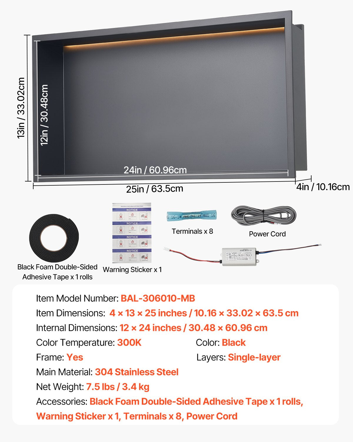 VEVOR Shower Niche 33.0x63.5x10.2 cm Recessed Shelf W/ LED Strip Stainless Steel