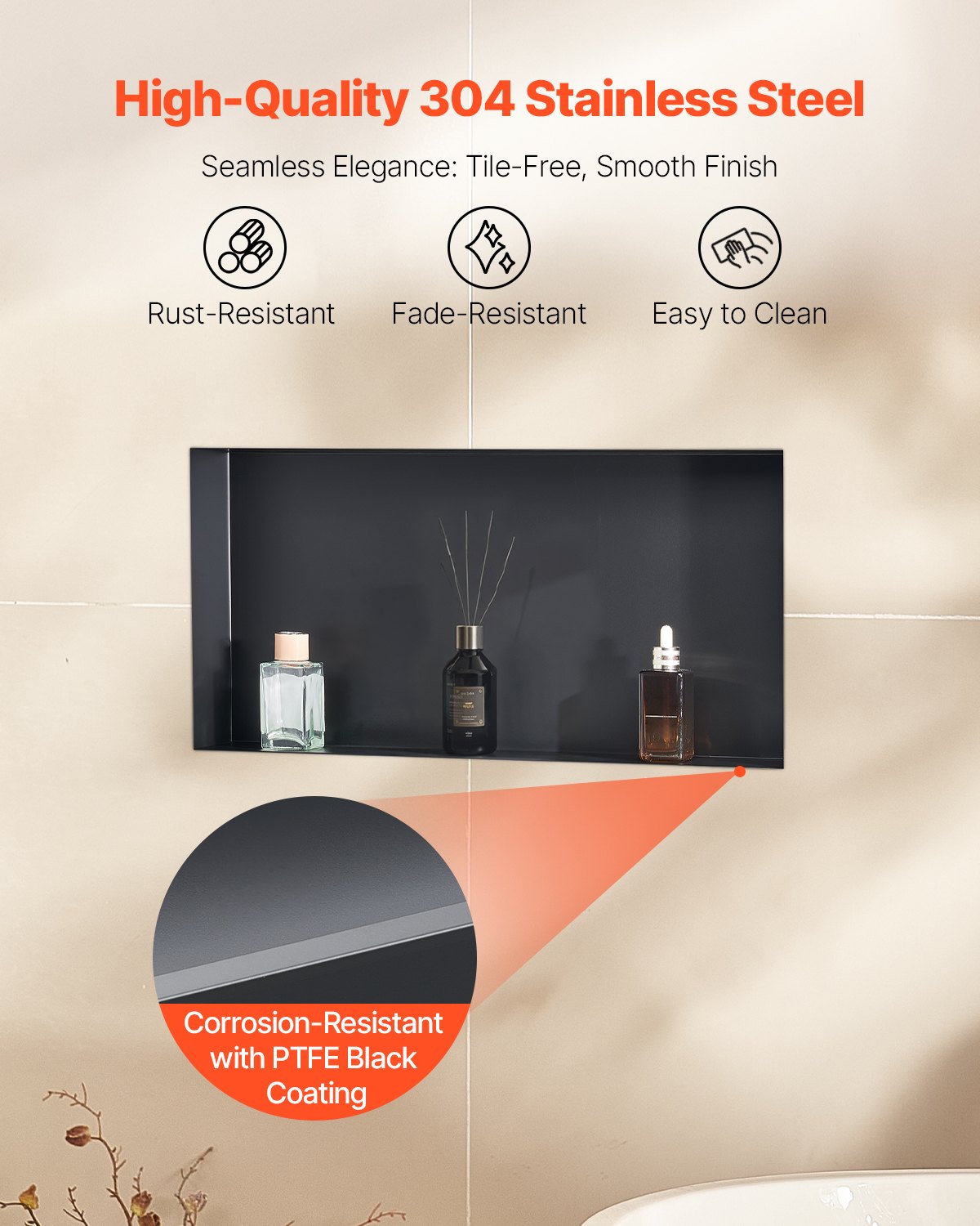 VEVOR Shower Niche 33.0 x 63.5 x 10.2 cm Frameless Recessed Shelf Stainless Steel