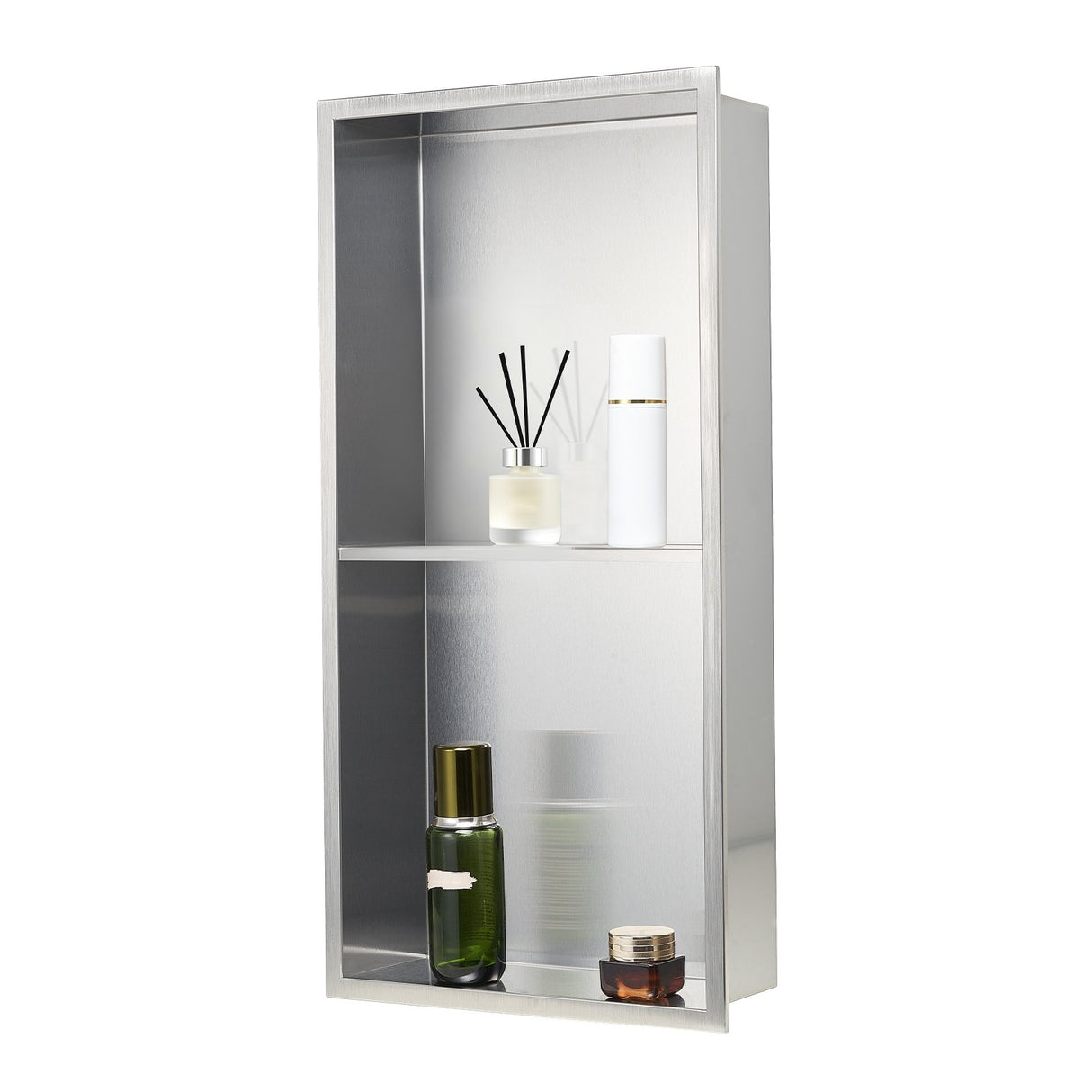 VEVOR Shower Niche, 33.0 x 63.5 x 10.2 cm Recessed Wall Niche Double-layer, with Hollowed-out Divider, Heavy-duty Stainless Steel Modern Shampoo Storage Organizer, Waterproof, Silver for Bathroom