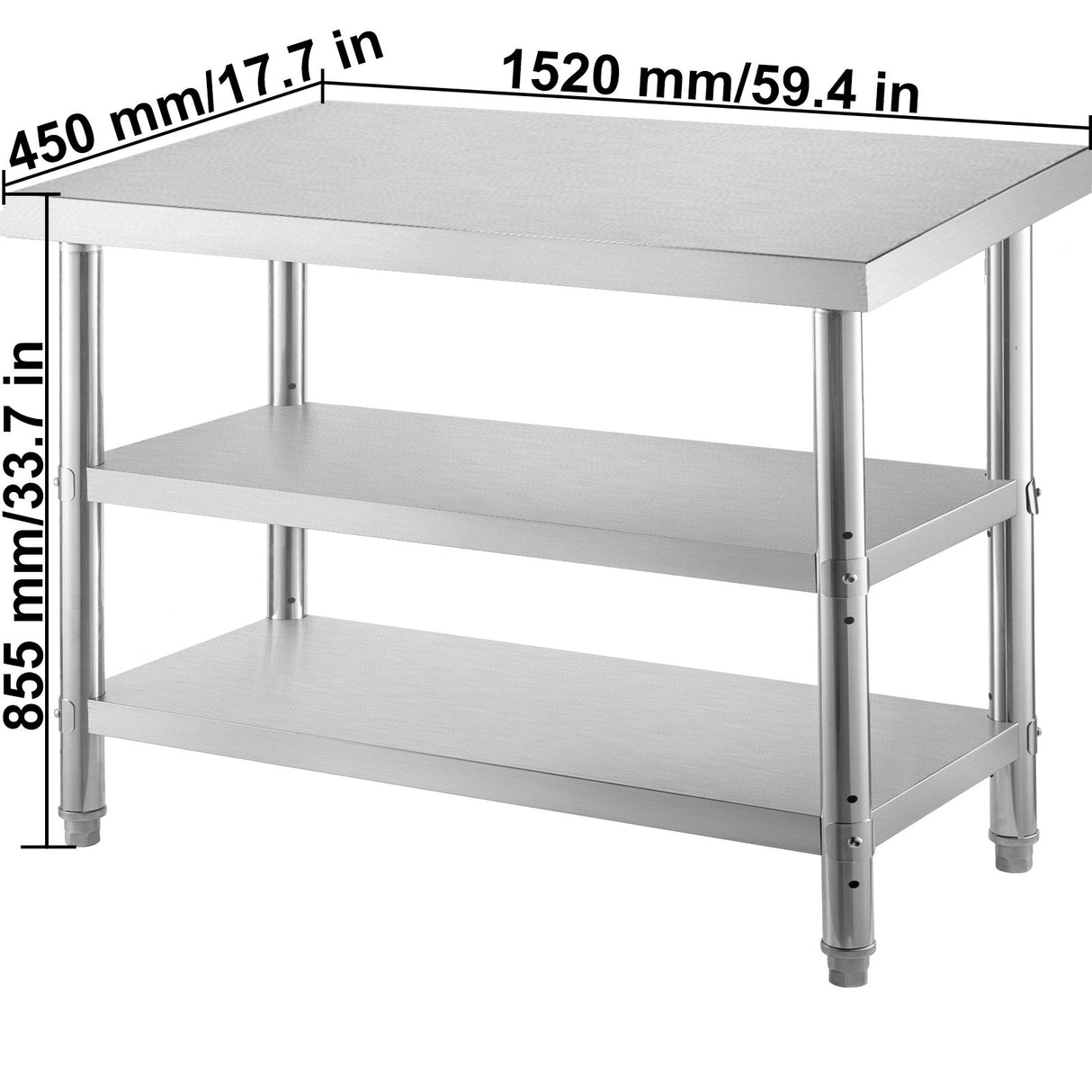 VEVOR Stainless Steel Prep Table 1520x450x855 mm Commercial Stainless Steel Table 2 Adjustable Undershelf BBQ Prep Table Heavy Duty Kitchen Work Table for Garage Home Warehouse Kitchen Silver