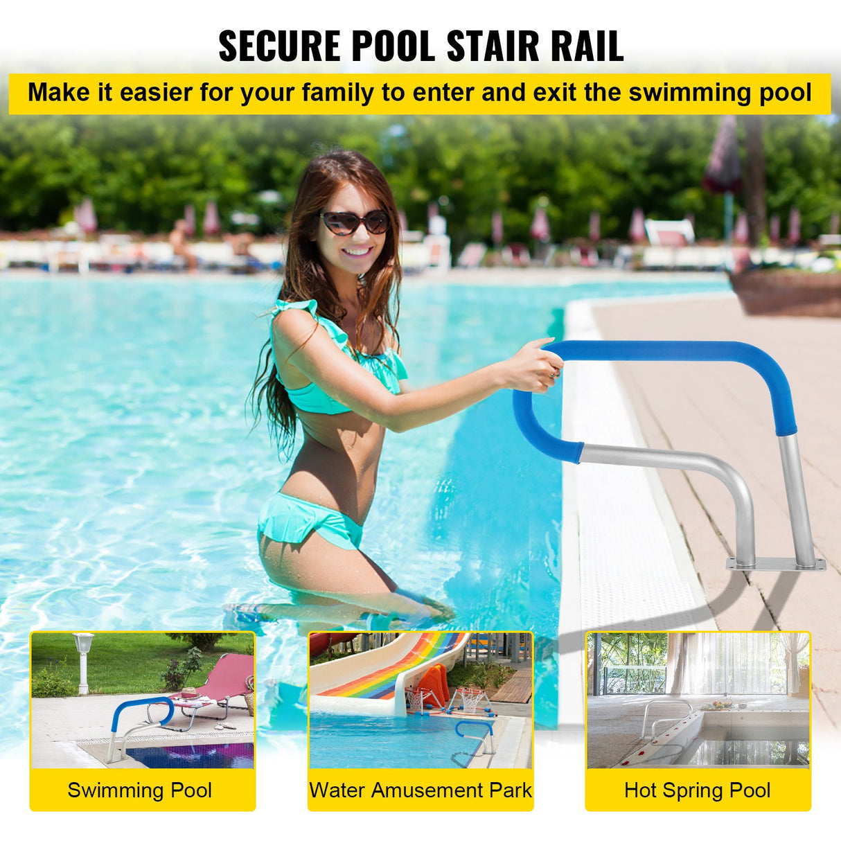 VEVOR Pool Rail 30x22 Pool Railing 304 Stainless Steel 250LBS Load Capacity Silver Rustproof Pool Handrail Humanized Swimming Pool Handrail with Blue