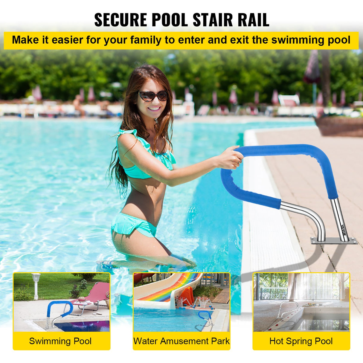 VEVOR Pool Rail 32x23 Pool Railing 304 Stainless Steel 250LBS Load Capacity Silver Rustproof Pool Handrail Humanized Swimming Pool Handrail with Blue