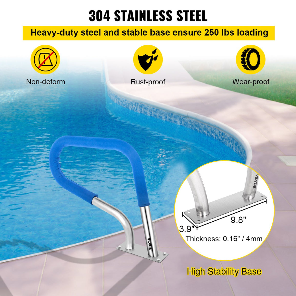 VEVOR Pool Rail 32x23 Pool Railing 304 Stainless Steel 250LBS Load Capacity Silver Rustproof Pool Handrail Humanized Swimming Pool Handrail with Blue
