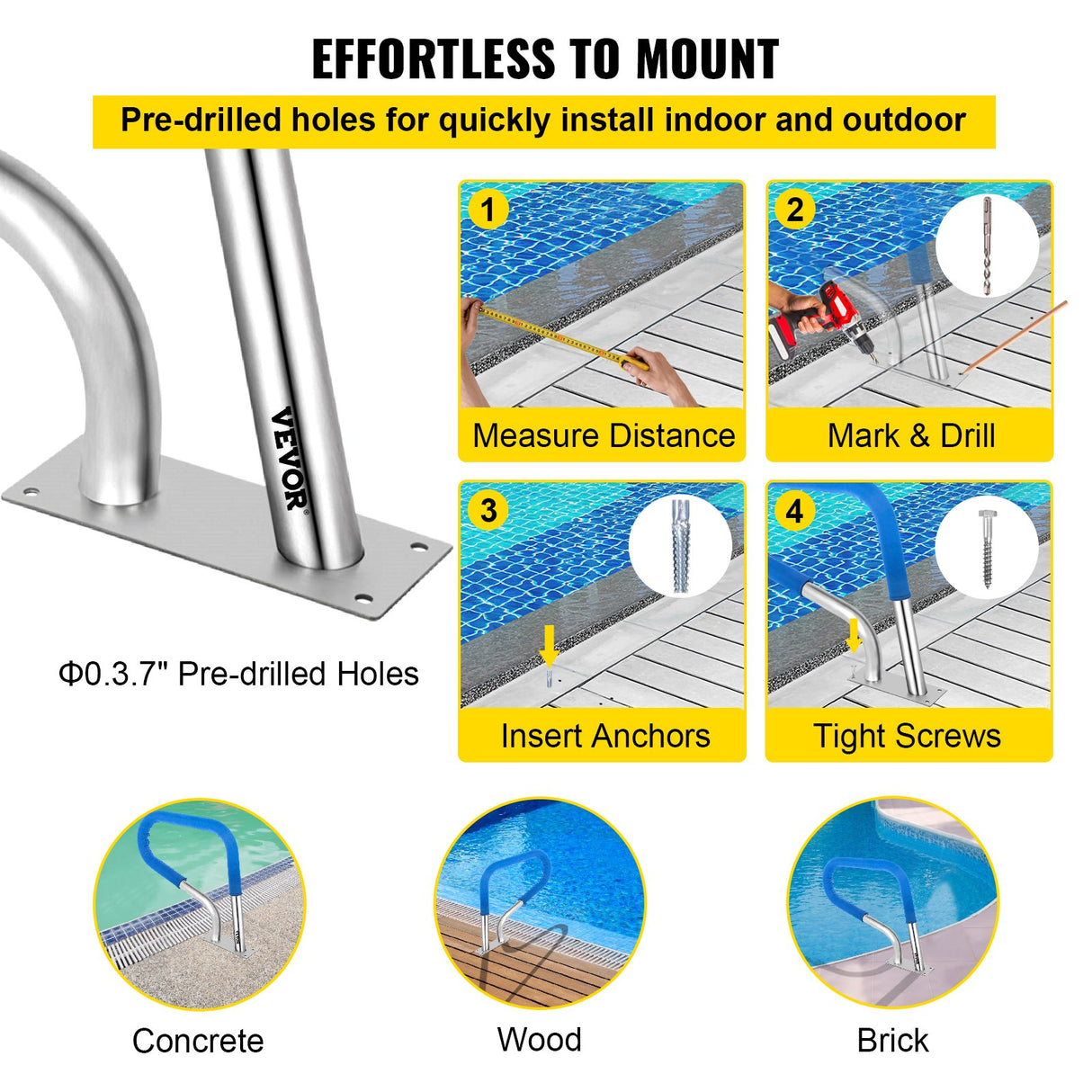 VEVOR Pool Rail 32x23 Pool Railing 304 Stainless Steel 250LBS Load Capacity Silver Rustproof Pool Handrail Humanized Swimming Pool Handrail with Blue