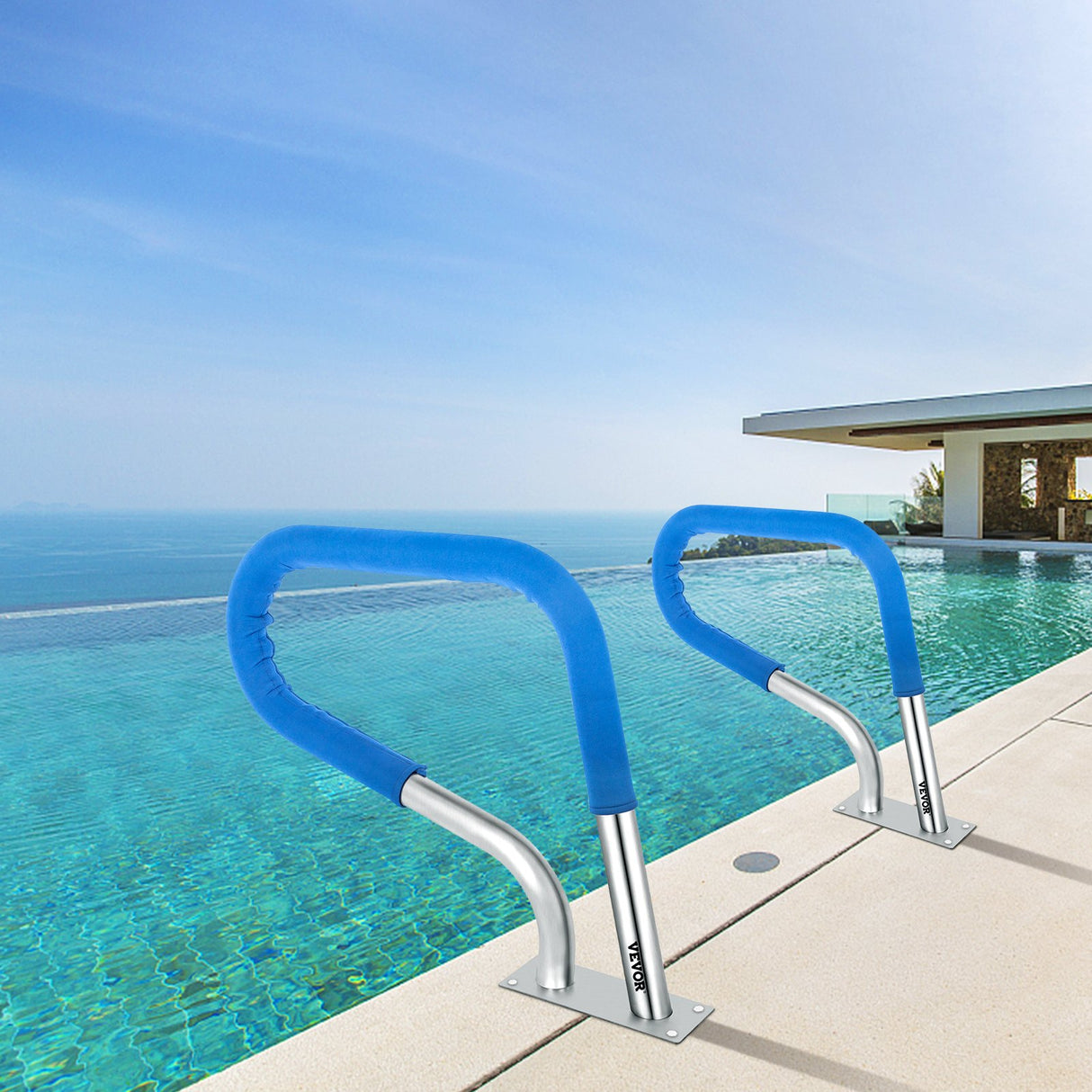 VEVOR Pool Rail 32x23 Pool Railing 304 Stainless Steel 250LBS Load Capacity Silver Rustproof Pool Handrail Humanized Swimming Pool Handrail with Blue