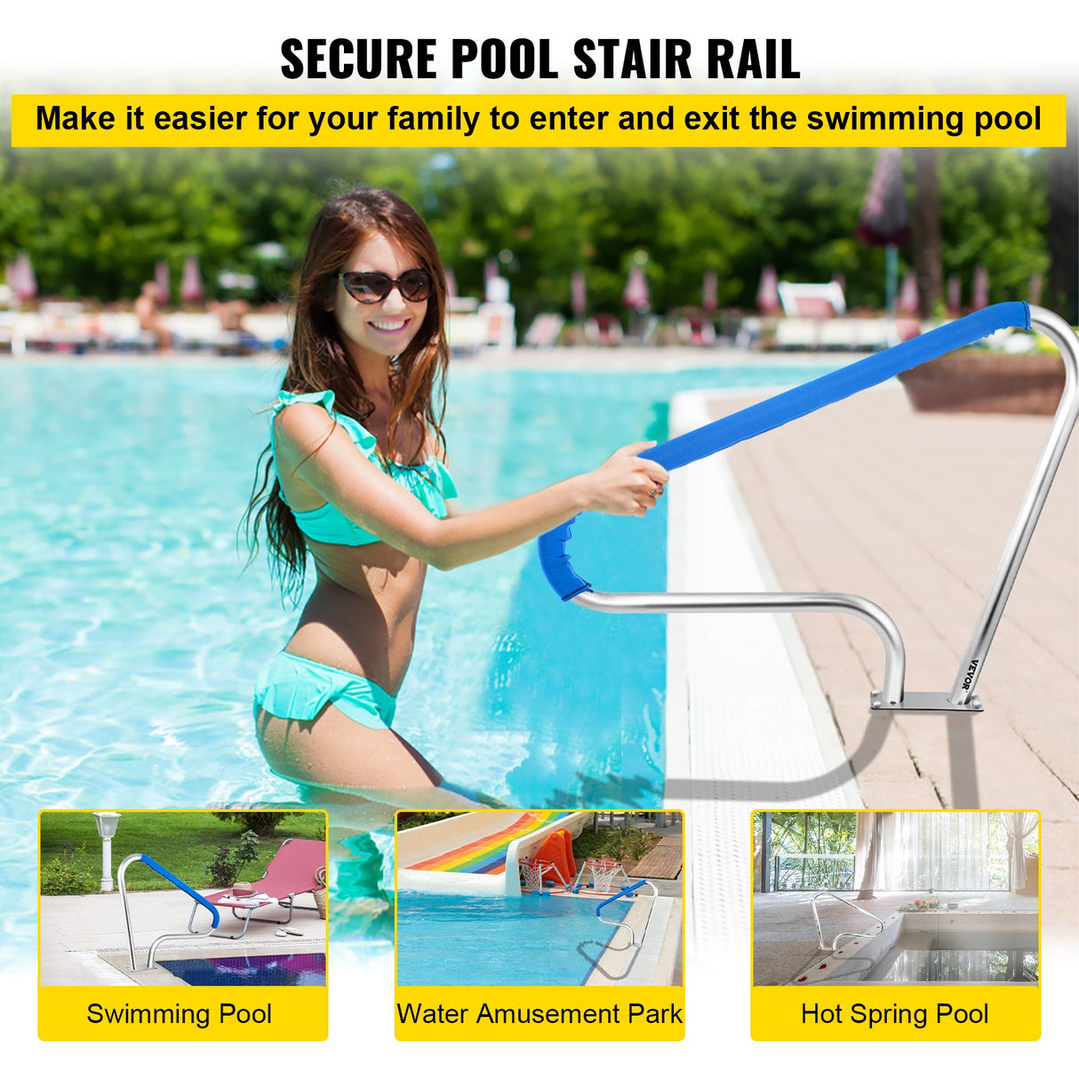 VEVOR Pool Rail 48x36 Pool Railing 304 Stainless Steel 250LBS Load Capacity Silver Rustproof Pool Ha