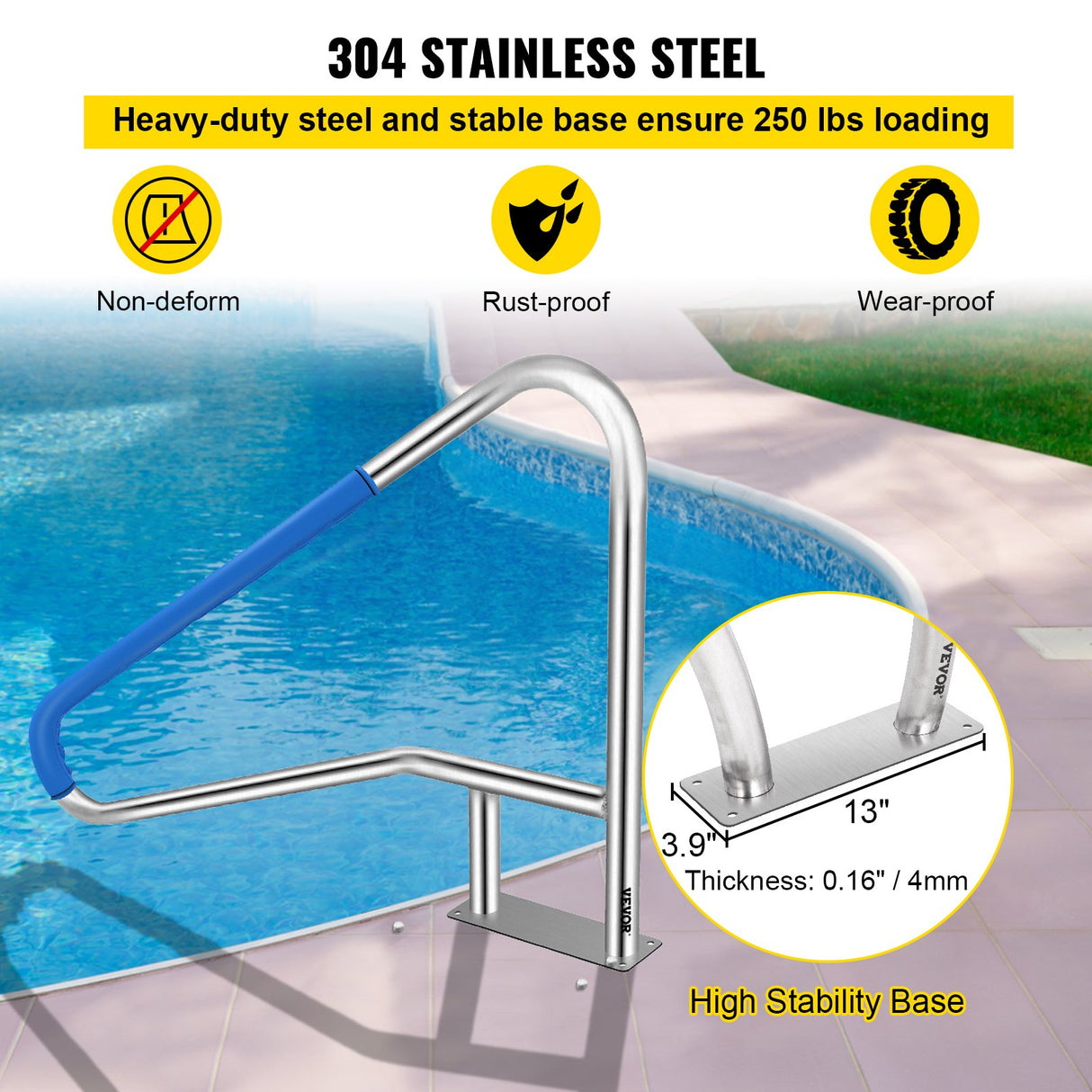 VEVOR Pool Rail 54x36 Pool Railing 304 Stainless Steel 250LBS Load Capacity Silver Rustproof Pool Handrail Humanized Swimming Pool Handrail with Blue