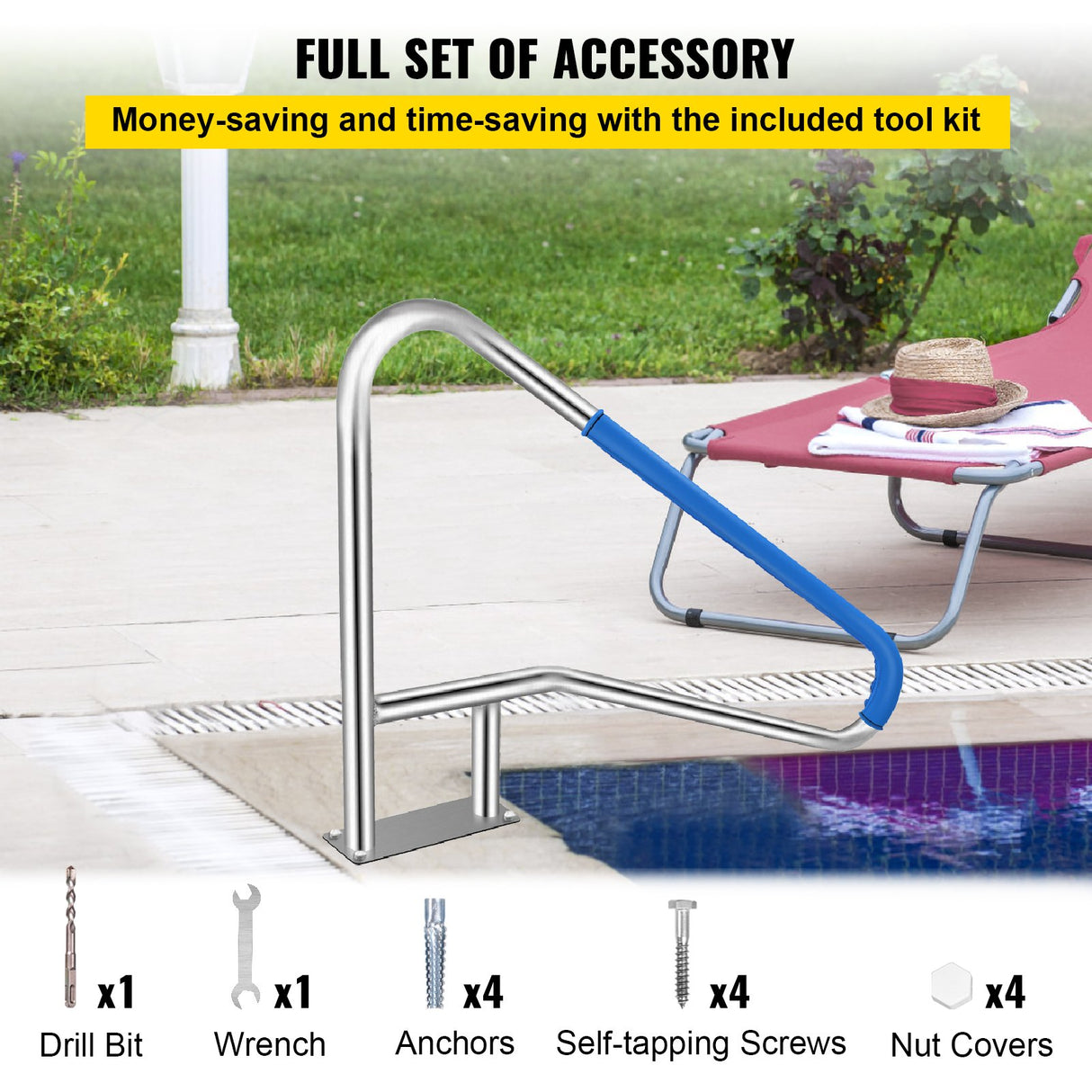 VEVOR Pool Rail 55x32 Pool Railing 304 Stainless Steel 250LBS Load Capacity Silver Rustproof Pool Handrail Humanized Swimming Pool Handrail with Blue Grip Cover & M8 Drill Bit & Self-Taping Screws