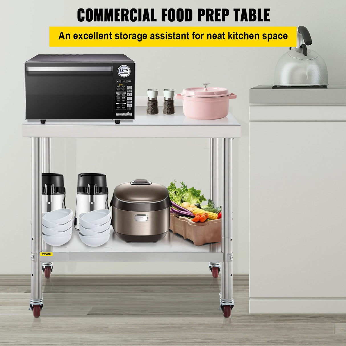 VEVOR Stainless Steel Prep Table 30 x 24 x 35 Inch 440lbs Load Capacity Heavy Duty Metal Worktable with Backsplash Adjustable Undershelf & 4 Casters Commercial Workstation for Kitchen Restaurant
