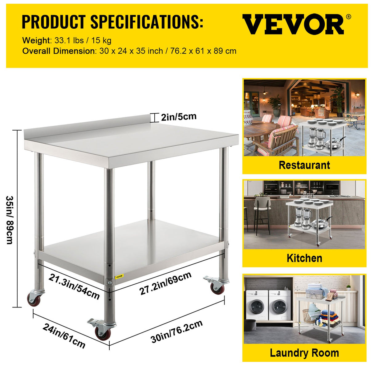 VEVOR Stainless Steel Prep Table 30 x 24 x 35 Inch 440lbs Load Capacity Heavy Duty Metal Worktable with Backsplash Adjustable Undershelf & 4 Casters Commercial Workstation for Kitchen Restaurant