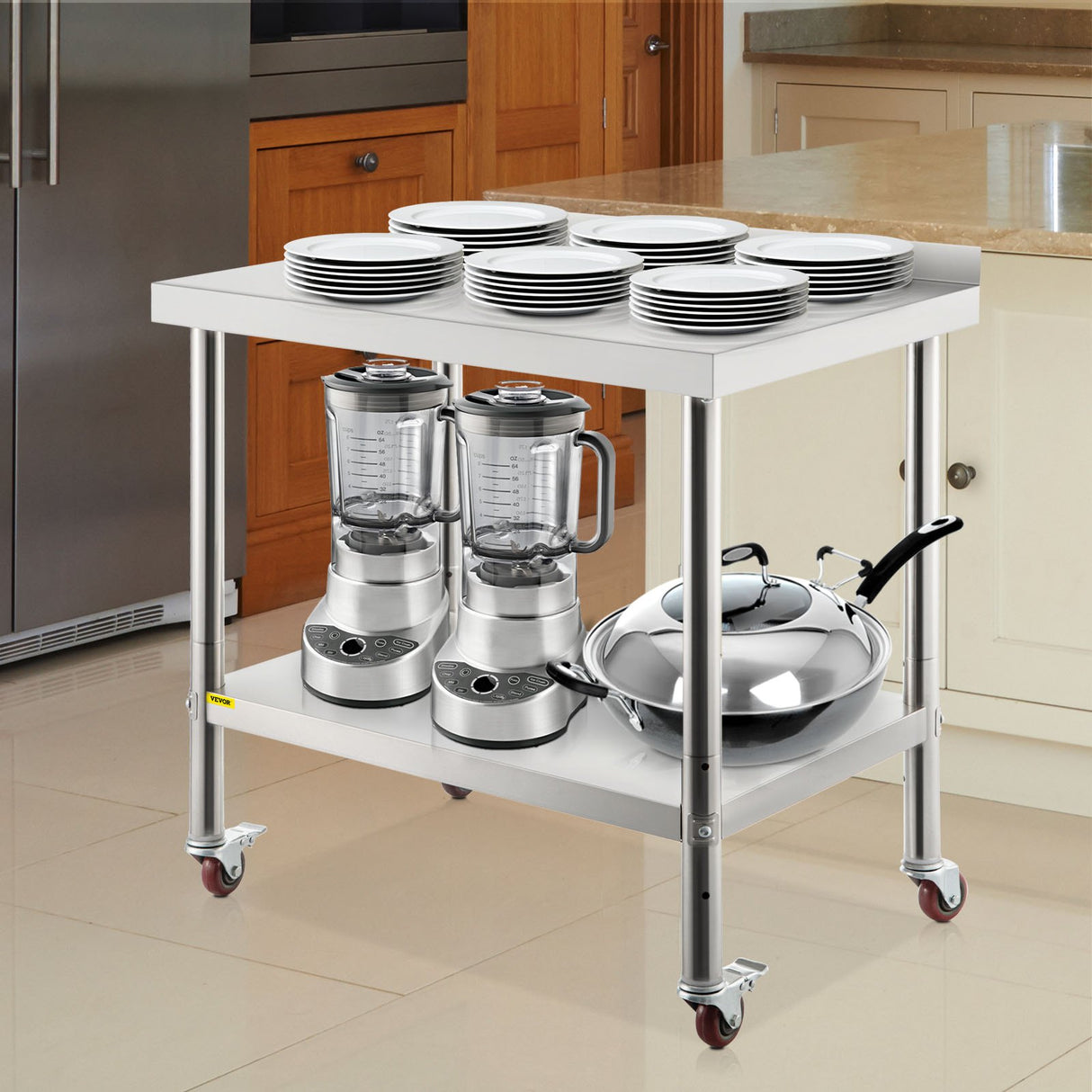 VEVOR Stainless Steel Prep Table 30 x 24 x 35 Inch 440lbs Load Capacity Heavy Duty Metal Worktable with Backsplash Adjustable Undershelf & 4 Casters Commercial Workstation for Kitchen Restaurant