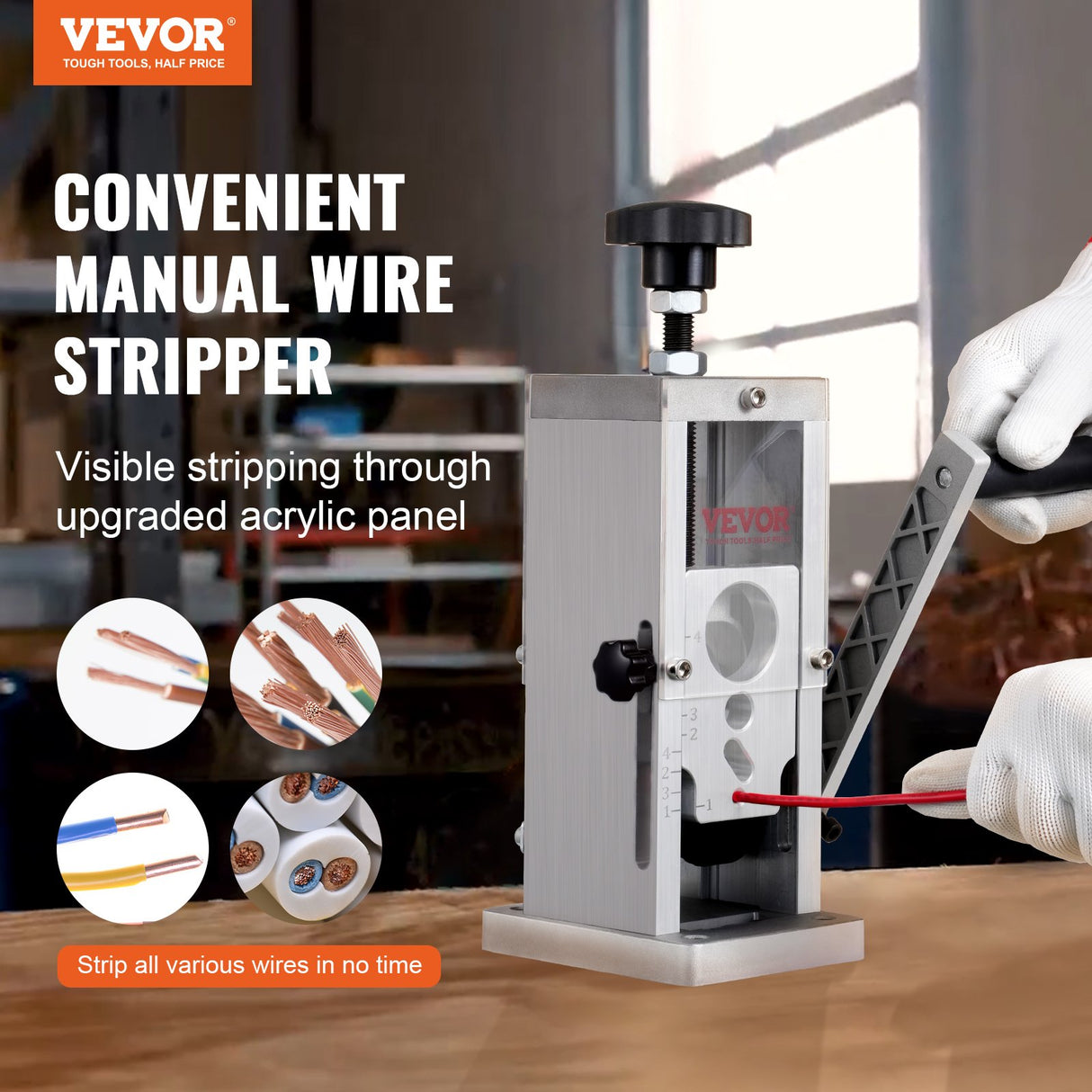VEVOR Manual Wire Stripping Machine, 0.06''-1.5'' Copper Stripper with Hand Crank or Drill Powered, Visible Stripping Depth Reference, Portable